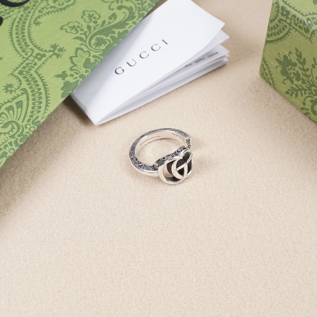 GUCCI 一比一雙G交錯開口戒指 復古雕花銀色設計 潮流個性指環| 13 GUCCI 一比一雙G交錯開口戒指 復古雕花銀色設計 潮流個性指環