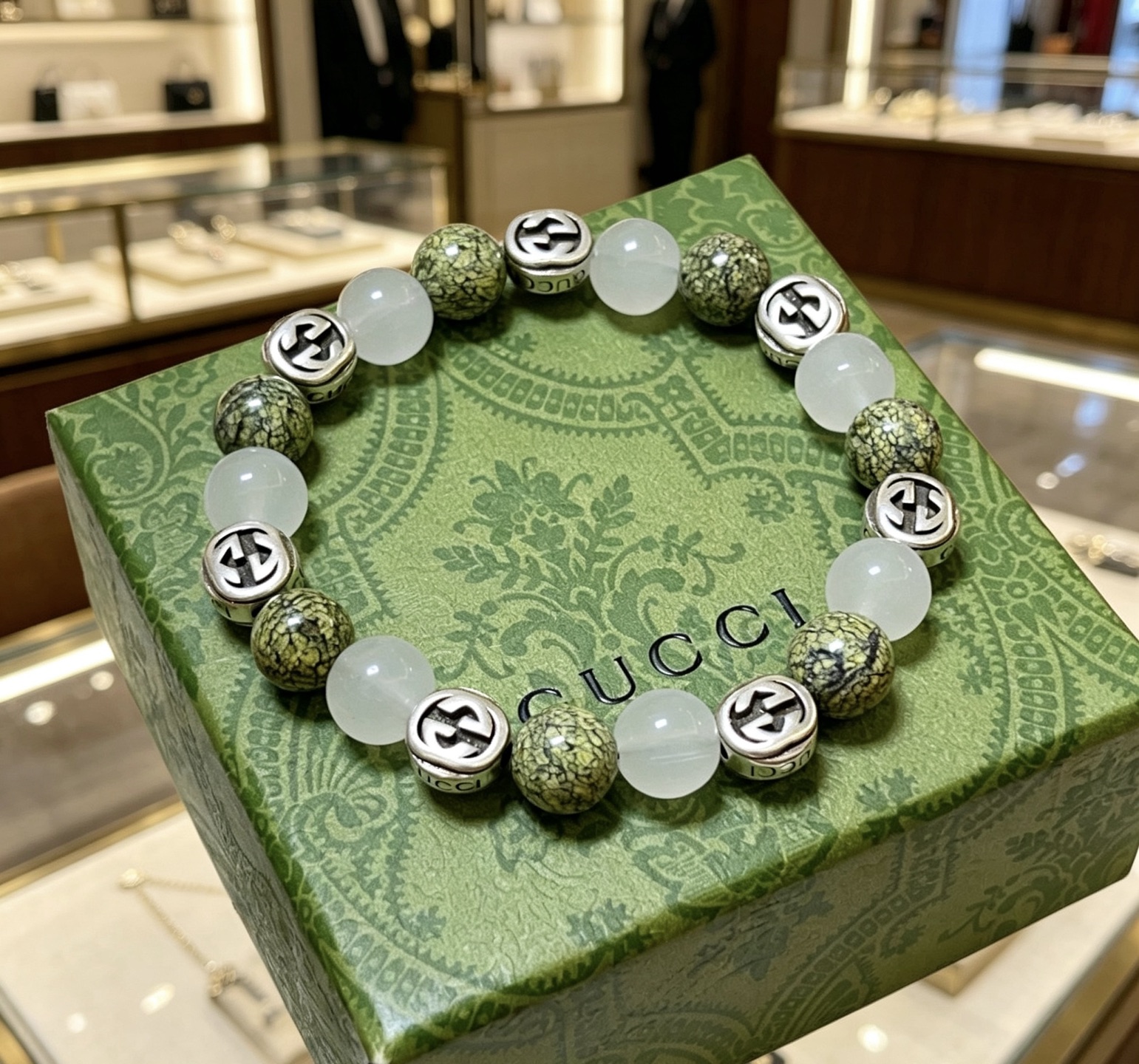 GUCCI 原單 白玉石拼接手鏈 綠色紋理設計 高端質感款| 7 GUCCI 原單 白玉石拼接手鏈 綠色紋理設計 高端質感款