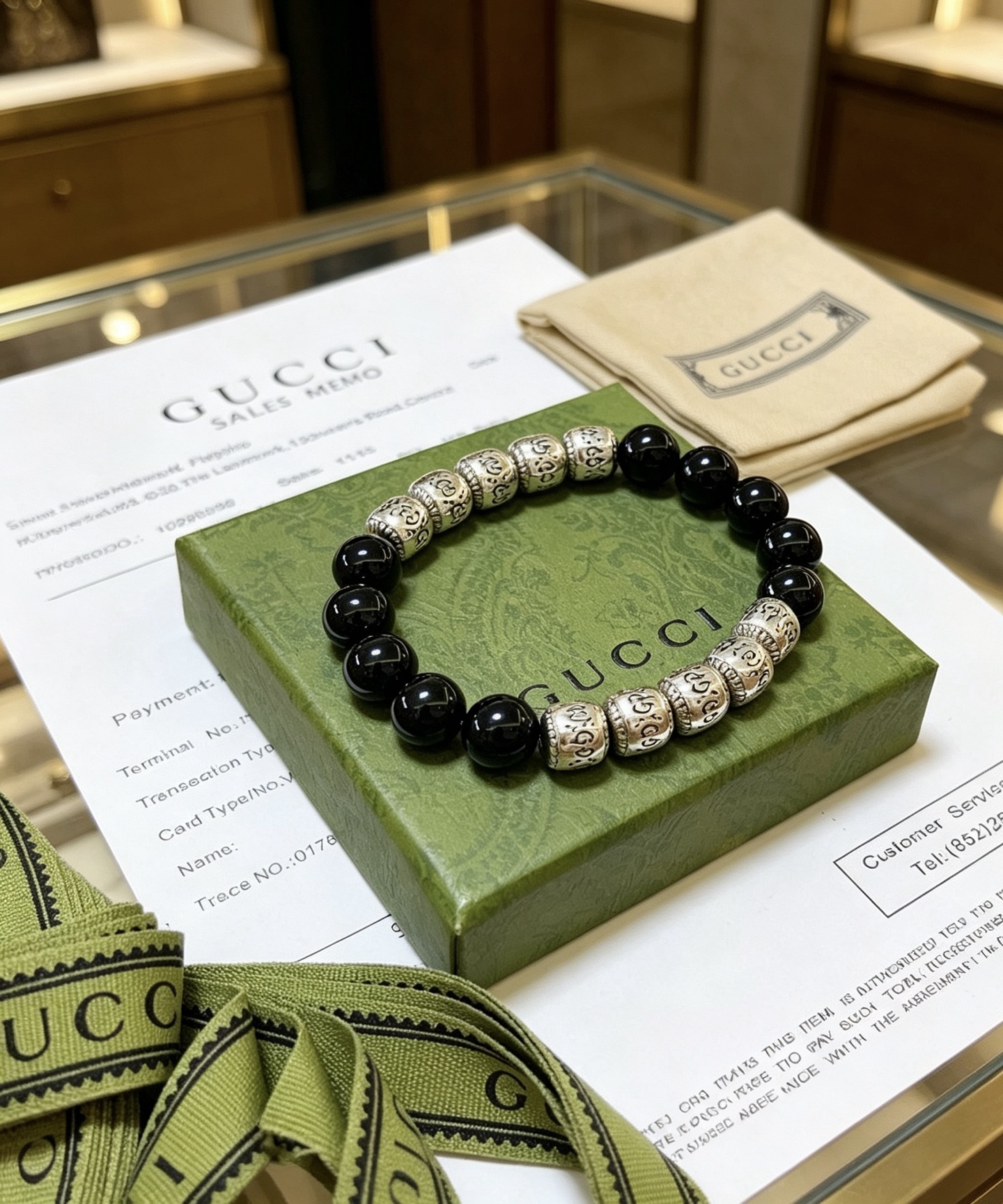 GUCCI 高仿 黑瑪瑙珠串手鏈 銀色雕刻元素 復古潮流款| 10 GUCCI 高仿 黑瑪瑙珠串手鏈 銀色雕刻元素 復古潮流款
