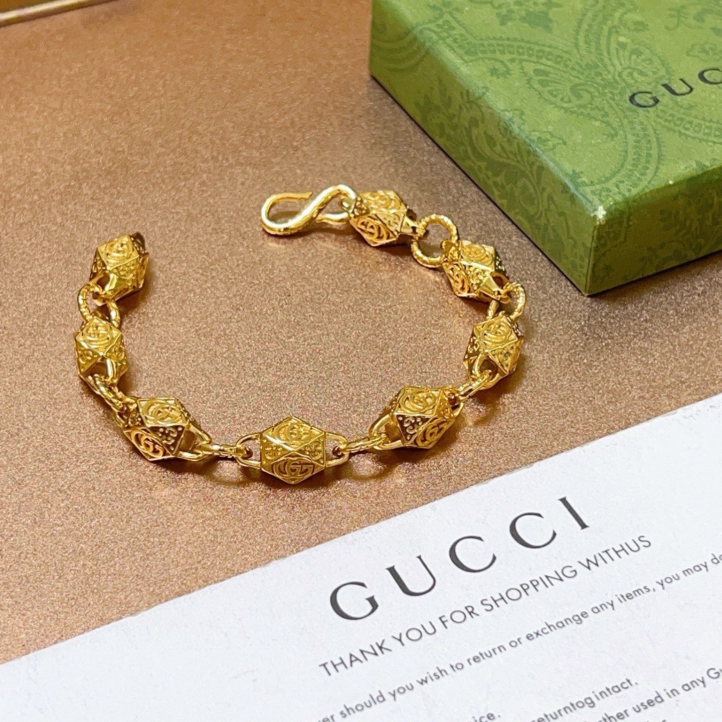 Gucci一比一復古玫瑰雕刻鏈條手鏈 金色精品時尚款| 11 Gucci一比一復古玫瑰雕刻鏈條手鏈 金色精品時尚款