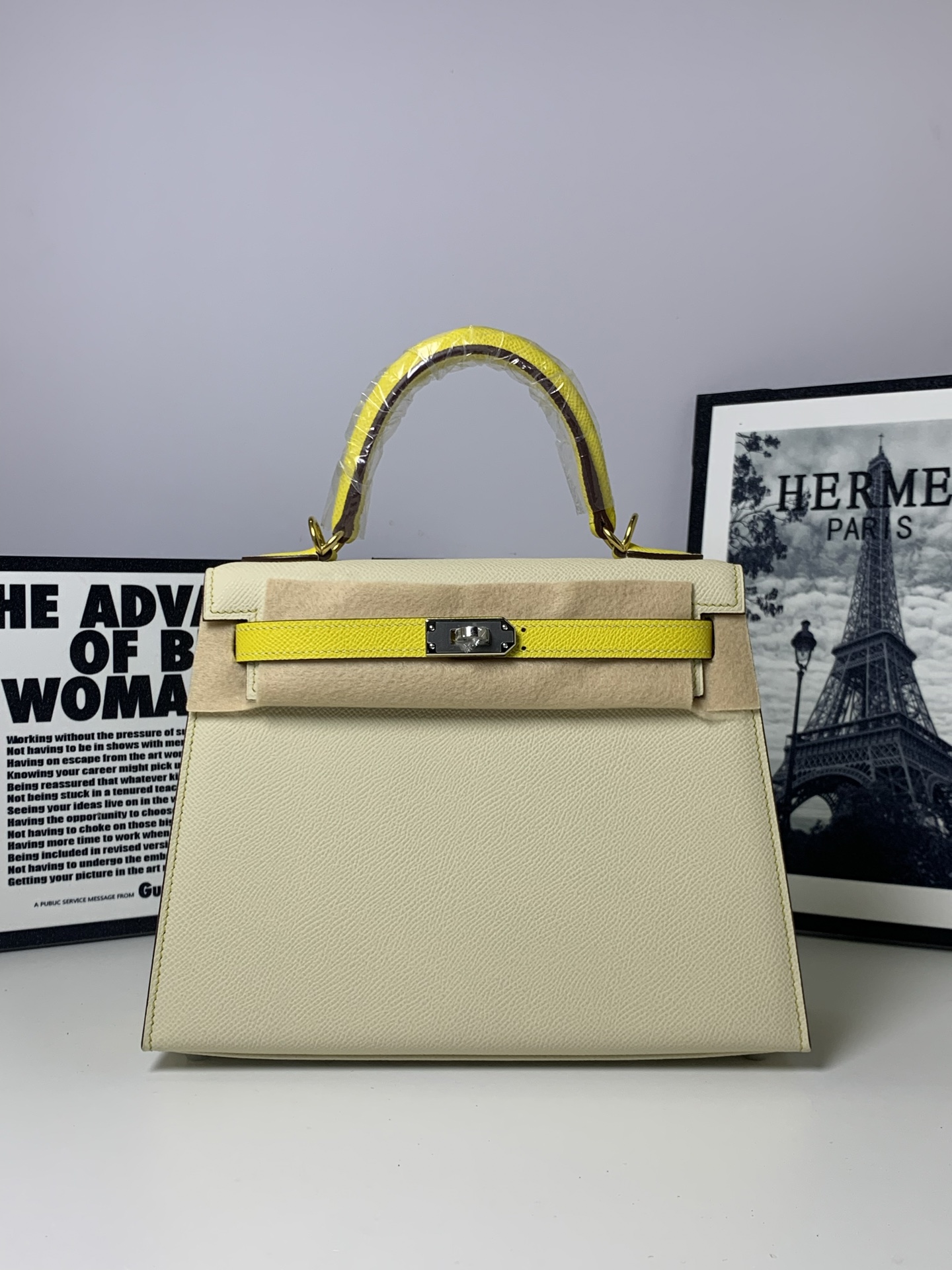 高仿 Hermes Kelly 25 奶油白拼亮黃手提包 高端時尚女包