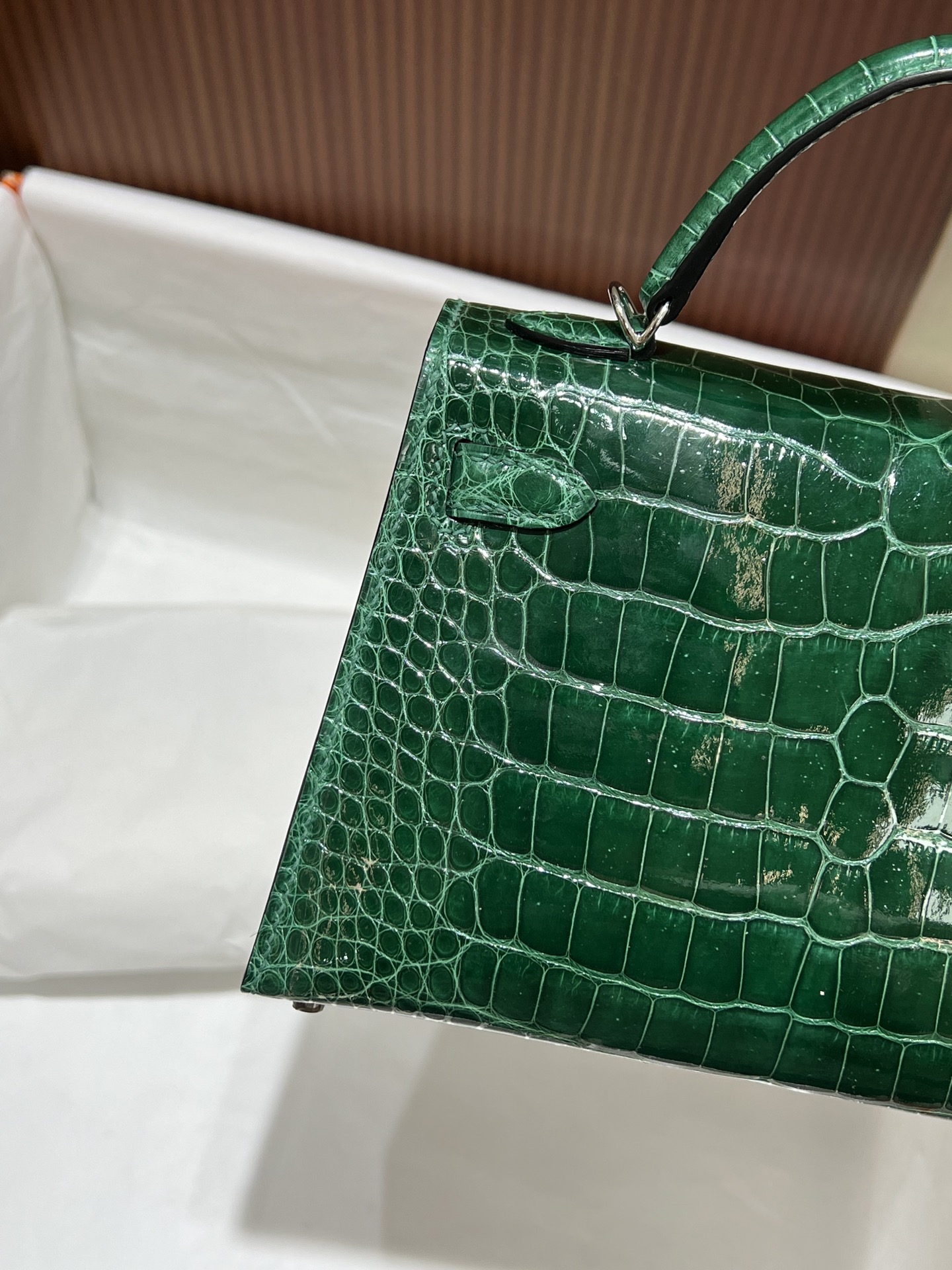 Hermès 高仿 Kelly Pochette 綠色亮面鱷魚紋手提包 小眾高級精品女包| 8 Hermès 高仿 Kelly Pochette 綠色亮面鱷魚紋手提包 小眾高級精品女包