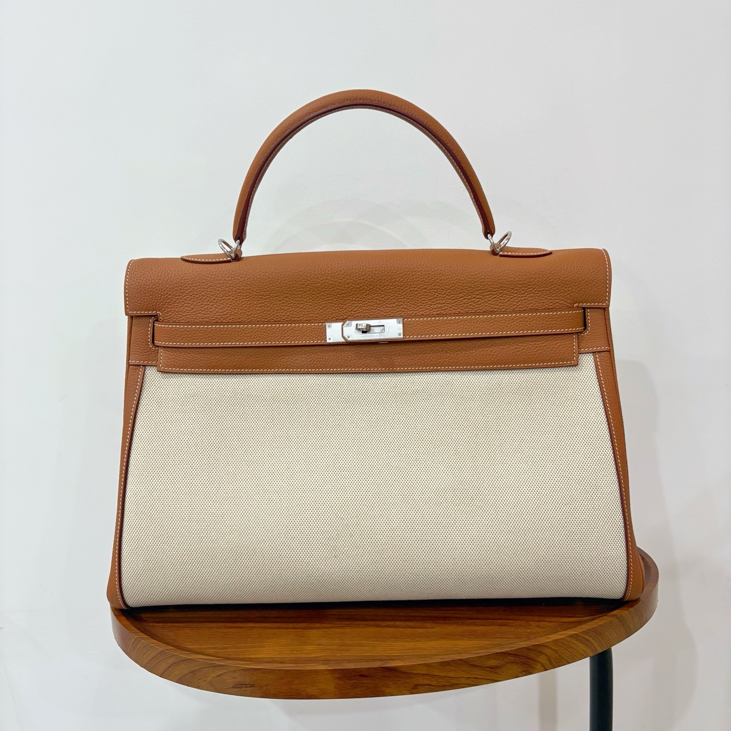 Hermès 原單 Kelly 40 棕色拼接帆布手提包 大容量商務通勤精品包