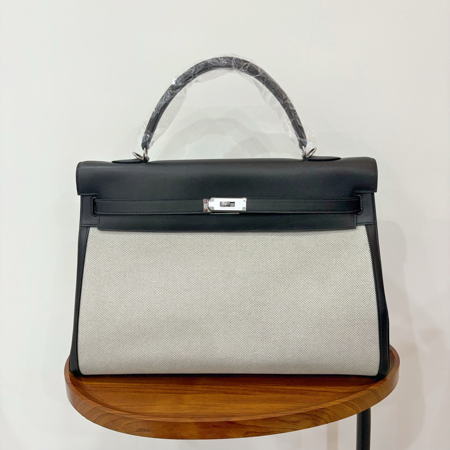 Hermès 高仿 Kelly 40 黑色拼接帆布手提包 大容量百搭商務精品包