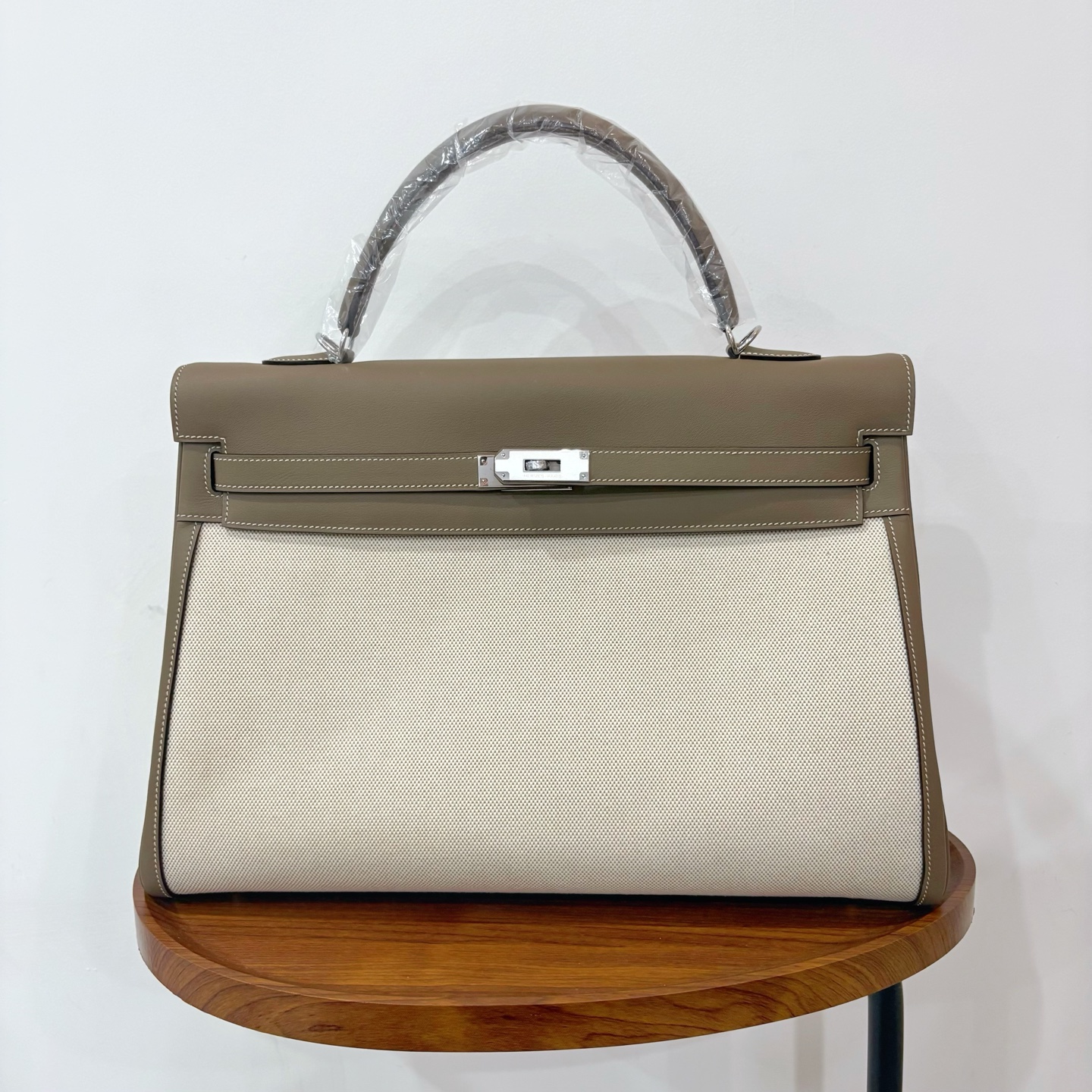 Hermès A貨 Kelly 40 灰棕色拼接帆布手提包 低調通勤大容量精品包