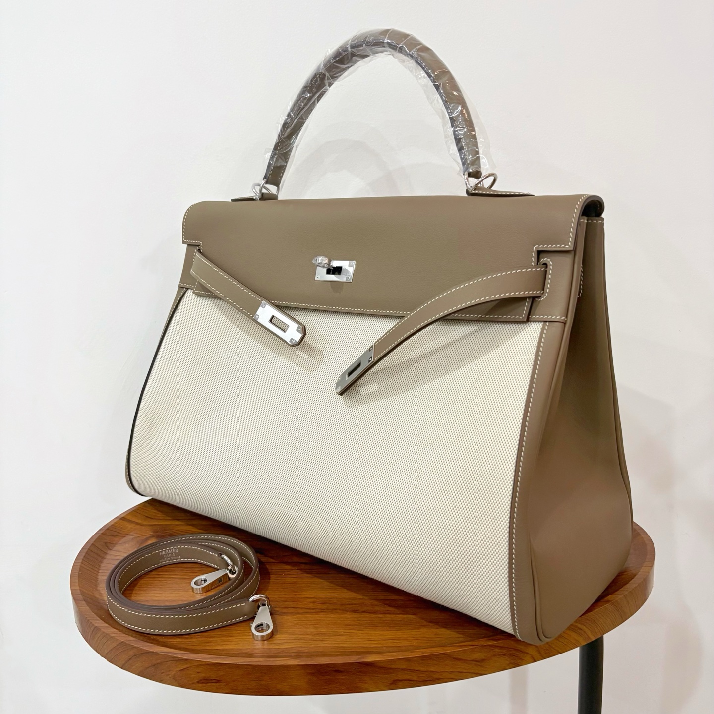 Hermès A貨 Kelly 40 灰棕色拼接帆布手提包 低調通勤大容量精品包| 14 Hermès A貨 Kelly 40 灰棕色拼接帆布手提包 低調通勤大容量精品包