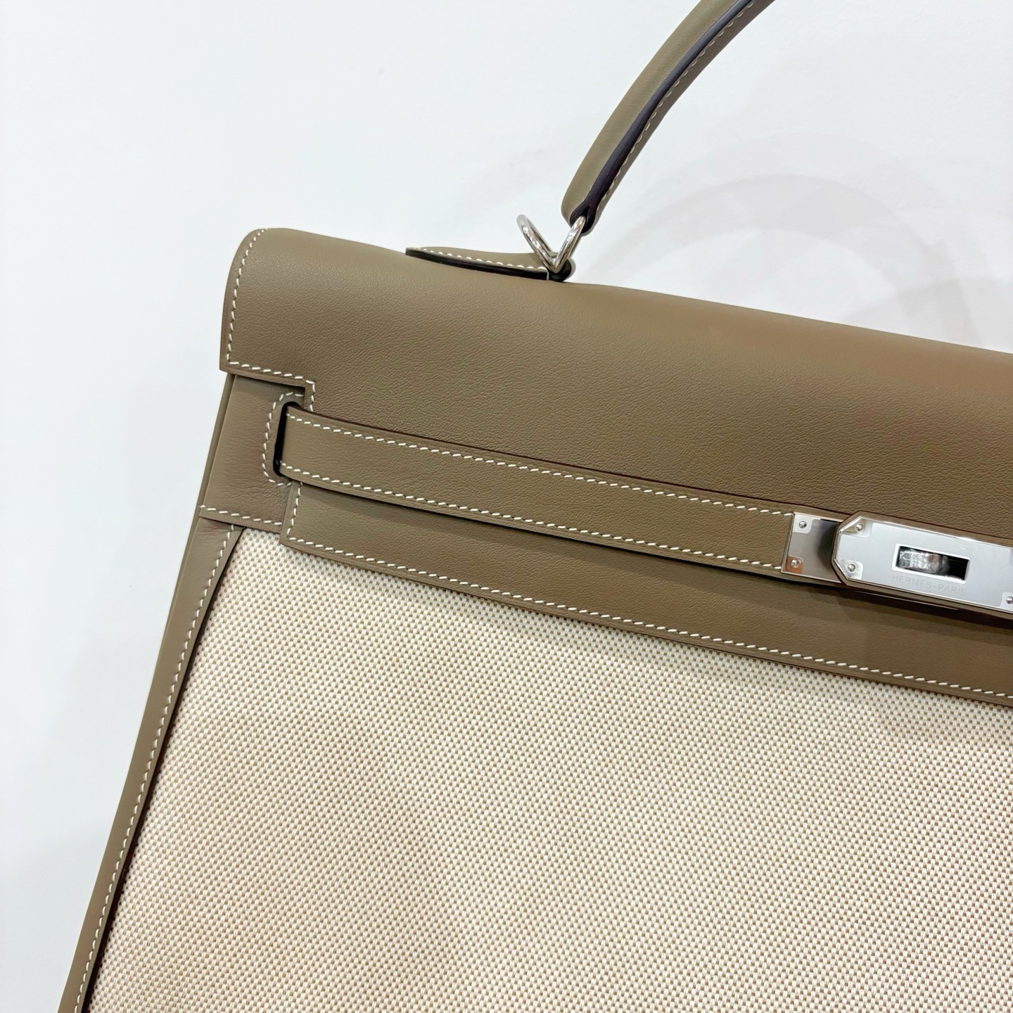 Hermès A貨 Kelly 40 灰棕色拼接帆布手提包 低調通勤大容量精品包| 9 Hermès A貨 Kelly 40 灰棕色拼接帆布手提包 低調通勤大容量精品包