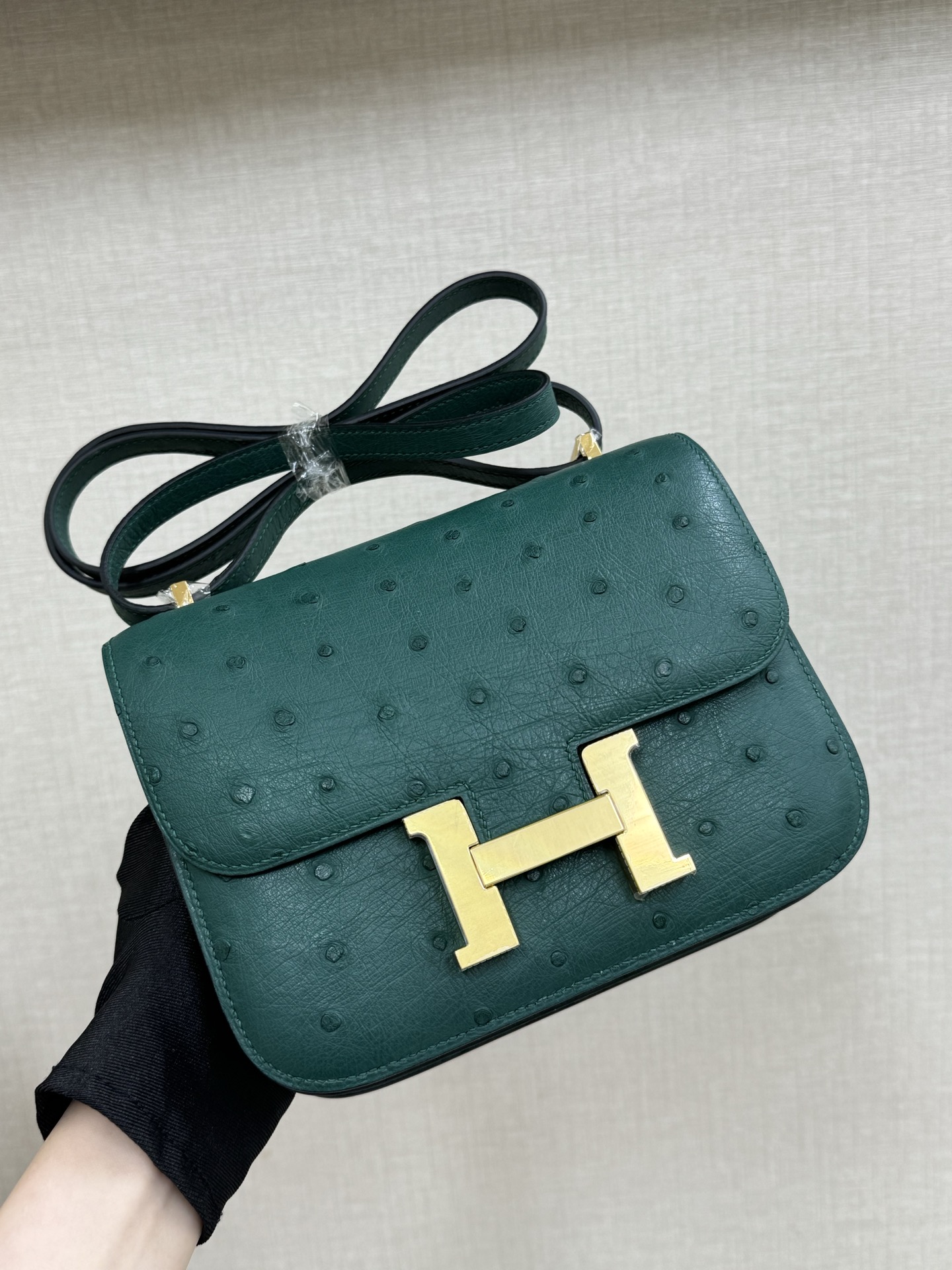 Hermes 原單 女款 Constance 墨綠鴕鳥紋斜背包 高端氣質通勤包