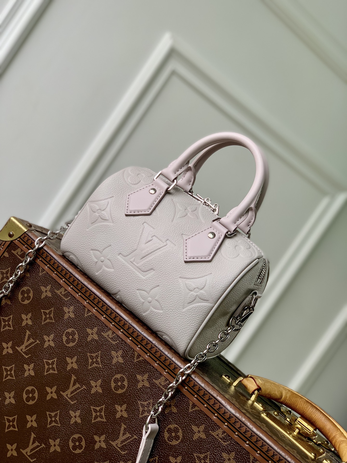 LV 一比一 M28343 白粉拼色壓紋 Nano Speedy 迷你手提斜背包 女款高端精品小包| 13 LV 一比一 M28343 白粉拼色壓紋 Nano Speedy 迷你手提斜背包 女款高端精品小包