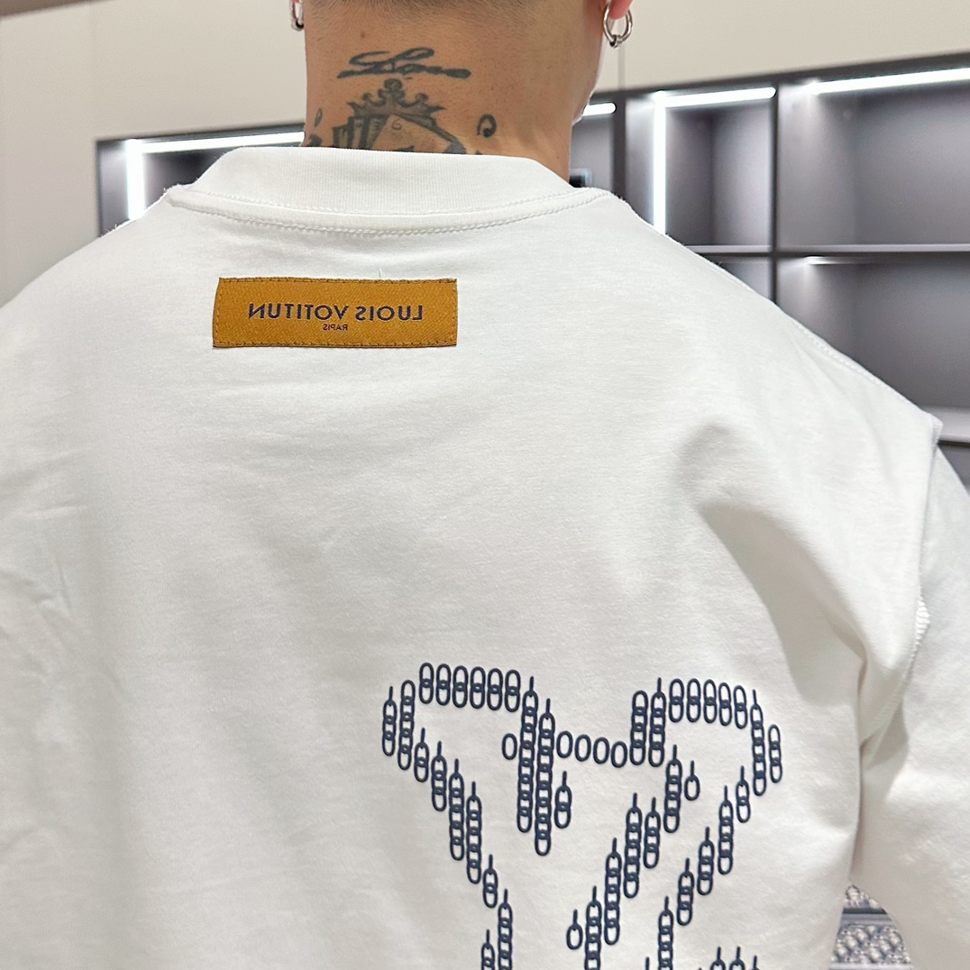 LV高仿 链条刺绣Logo短袖T恤 白色宽松百搭款| 7 LV高仿 链条刺绣Logo短袖T恤 白色宽松百搭款
