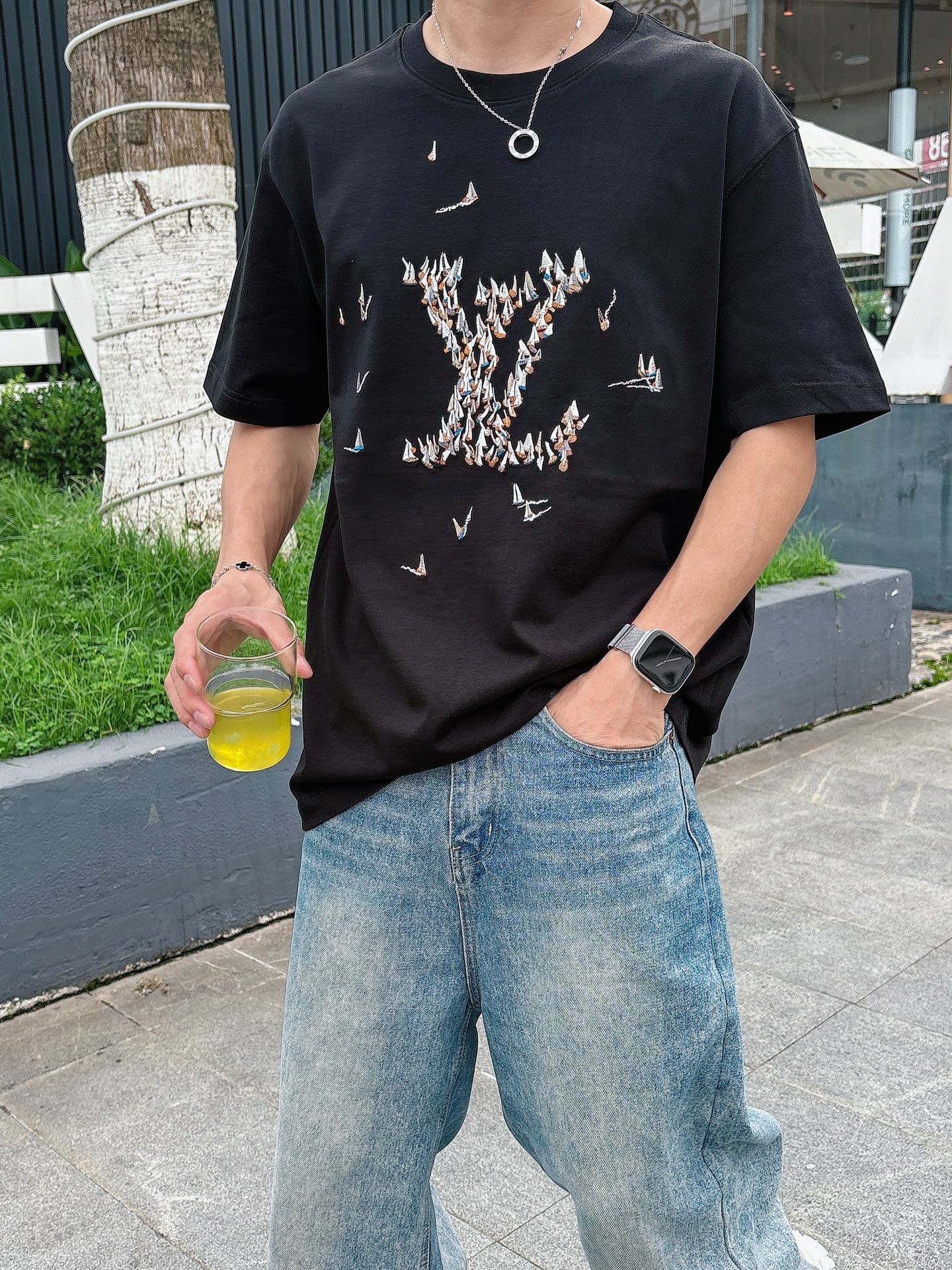 LV一比一短袖T恤 飛鳥圖案拼接字母設計 寬鬆休閒款 黑色| 12 LV一比一短袖T恤 飛鳥圖案拼接字母設計 寬鬆休閒款 黑色