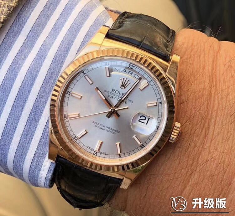 一比一 Rolex 總統表銀盤玫瑰金皮帶星期日历高仿機械腕錶| 14 一比一 Rolex 總統表銀盤玫瑰金皮帶星期日历高仿機械腕錶