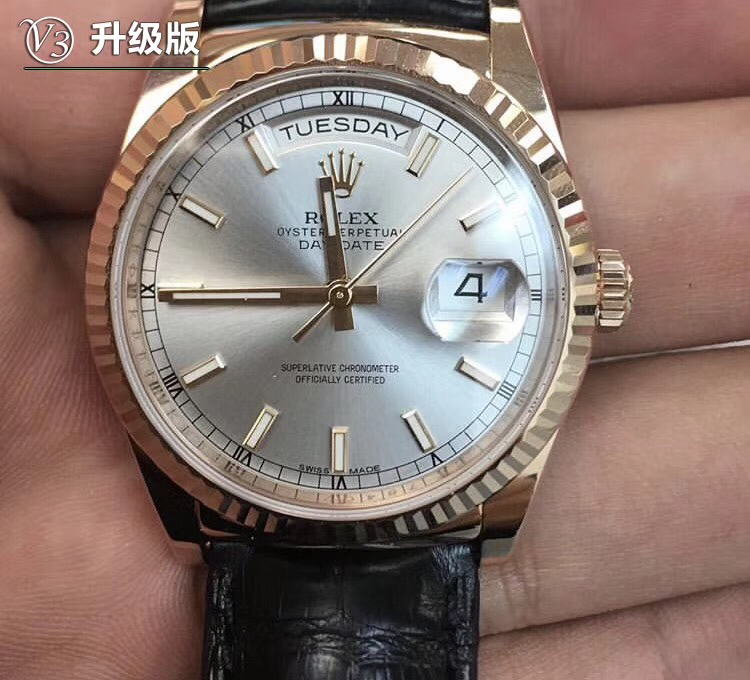 一比一 Rolex 總統表銀盤玫瑰金皮帶星期日历高仿機械腕錶| 12 一比一 Rolex 總統表銀盤玫瑰金皮帶星期日历高仿機械腕錶
