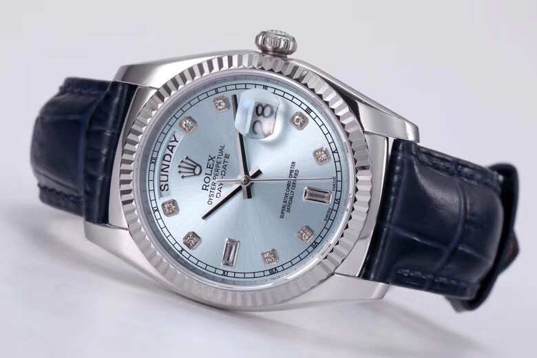 高仿 Rolex 總統表淺藍盤鋼殼皮帶星期日历高仿男士腕錶| 6 高仿 Rolex 總統表淺藍盤鋼殼皮帶星期日历高仿男士腕錶