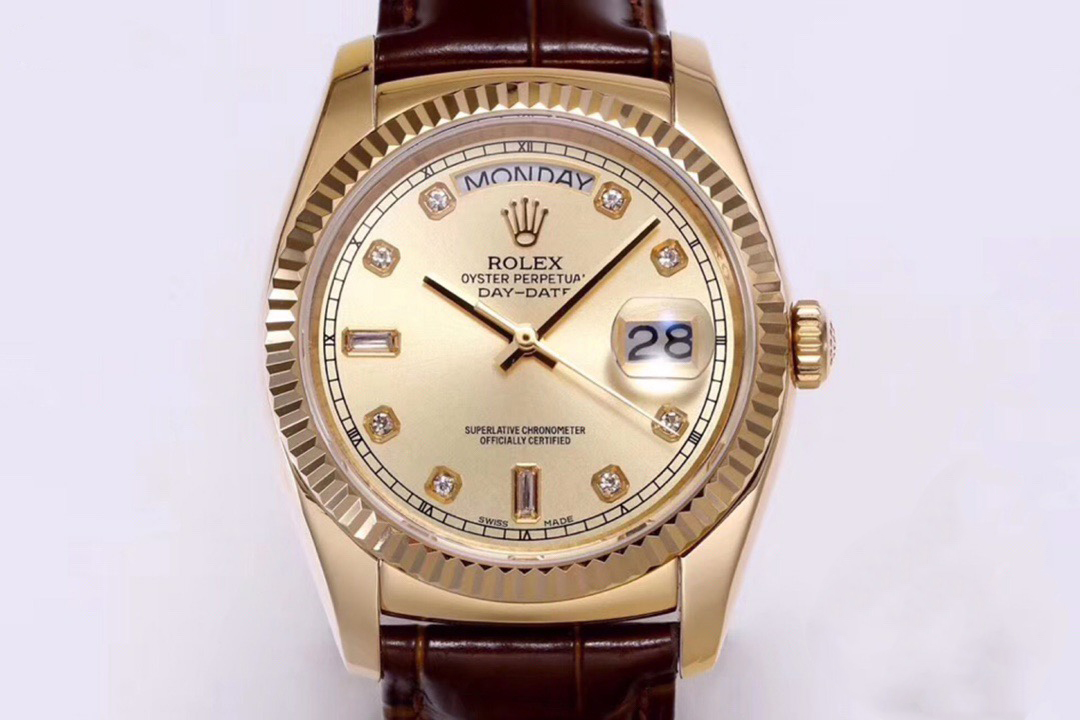 一比一 Rolex 總統表香檳盤金殼棕色皮帶星期日历高仿腕錶| 13 一比一 Rolex 總統表香檳盤金殼棕色皮帶星期日历高仿腕錶