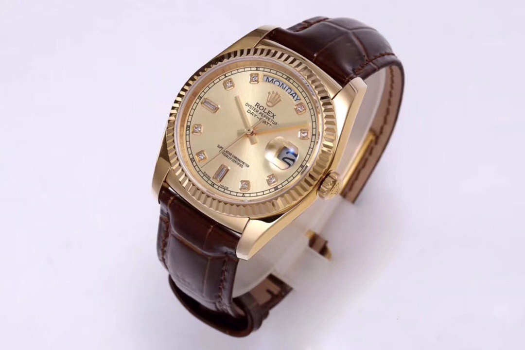 一比一 Rolex 總統表香檳盤金殼棕色皮帶星期日历高仿腕錶| 11 一比一 Rolex 總統表香檳盤金殼棕色皮帶星期日历高仿腕錶