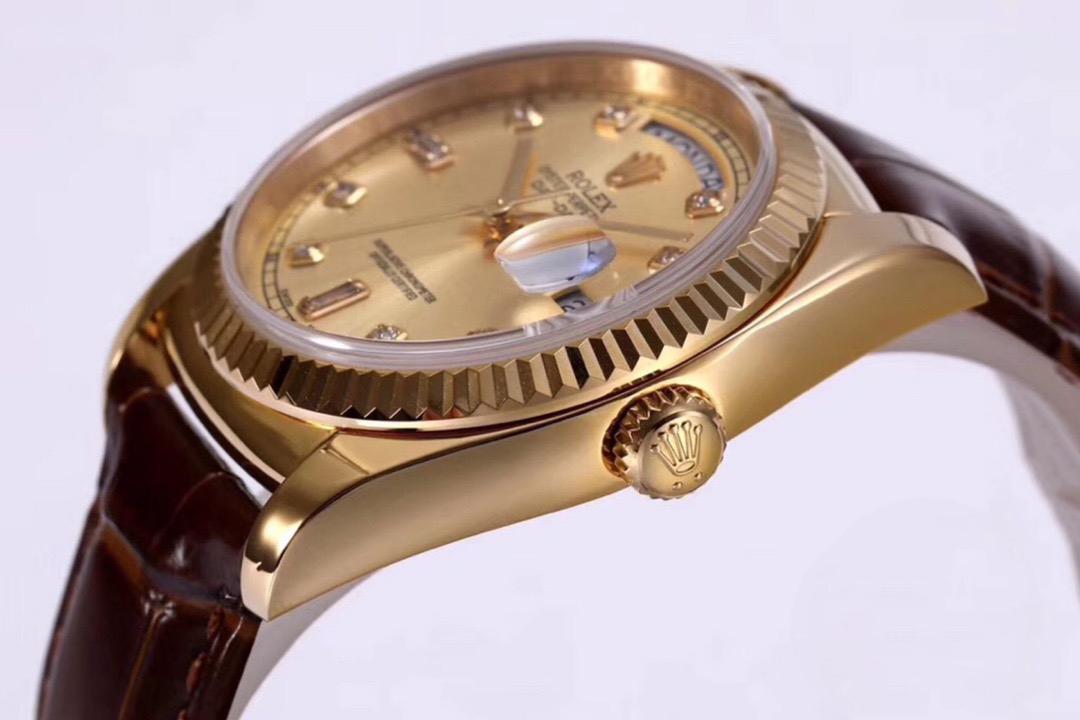 一比一 Rolex 總統表香檳盤金殼棕色皮帶星期日历高仿腕錶| 9 一比一 Rolex 總統表香檳盤金殼棕色皮帶星期日历高仿腕錶