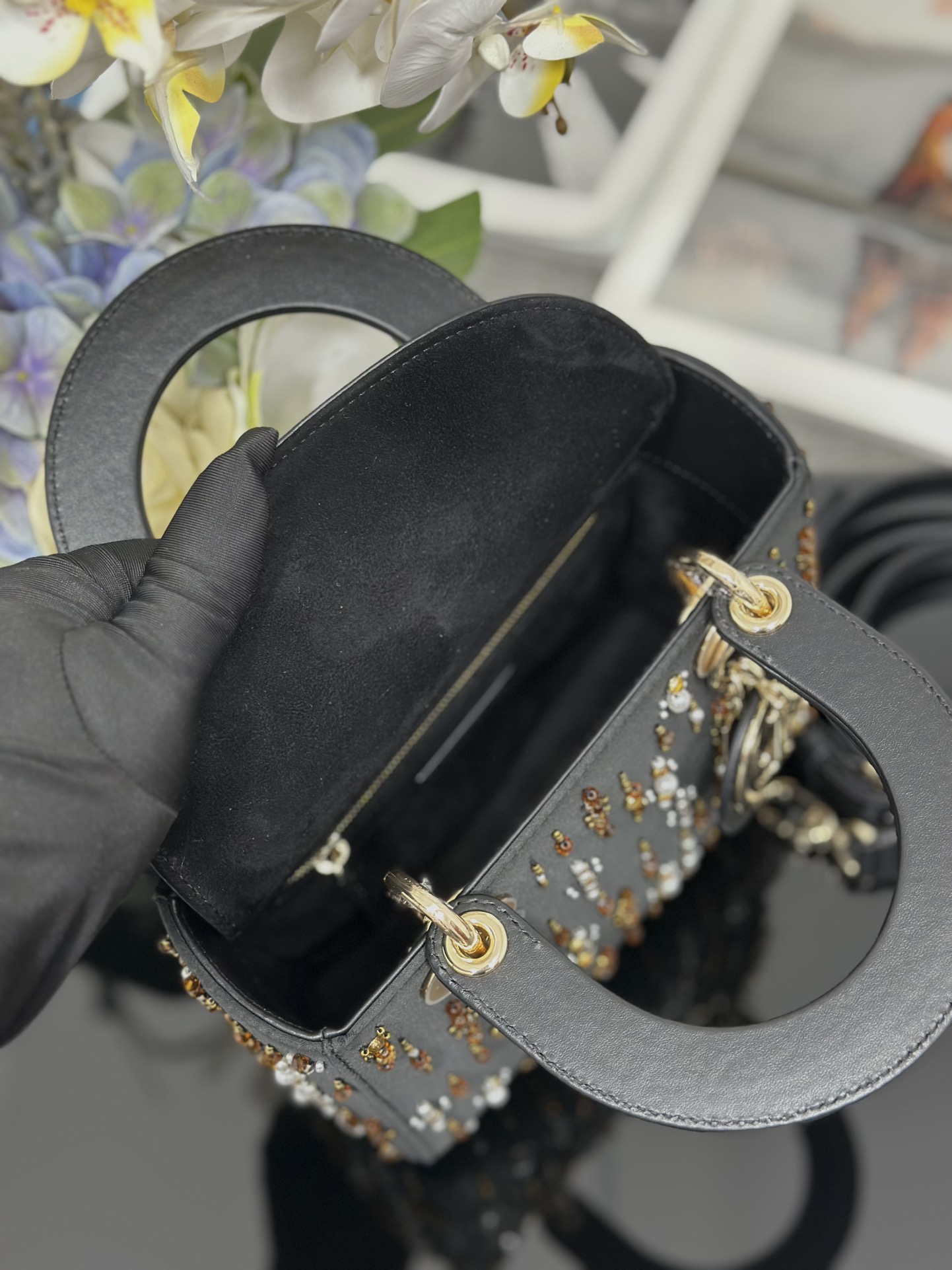 一比一Dior Lady Dior黑色流蘇珠飾戴妃包高級手提包| 8 一比一Dior Lady Dior黑色流蘇珠飾戴妃包高級手提包