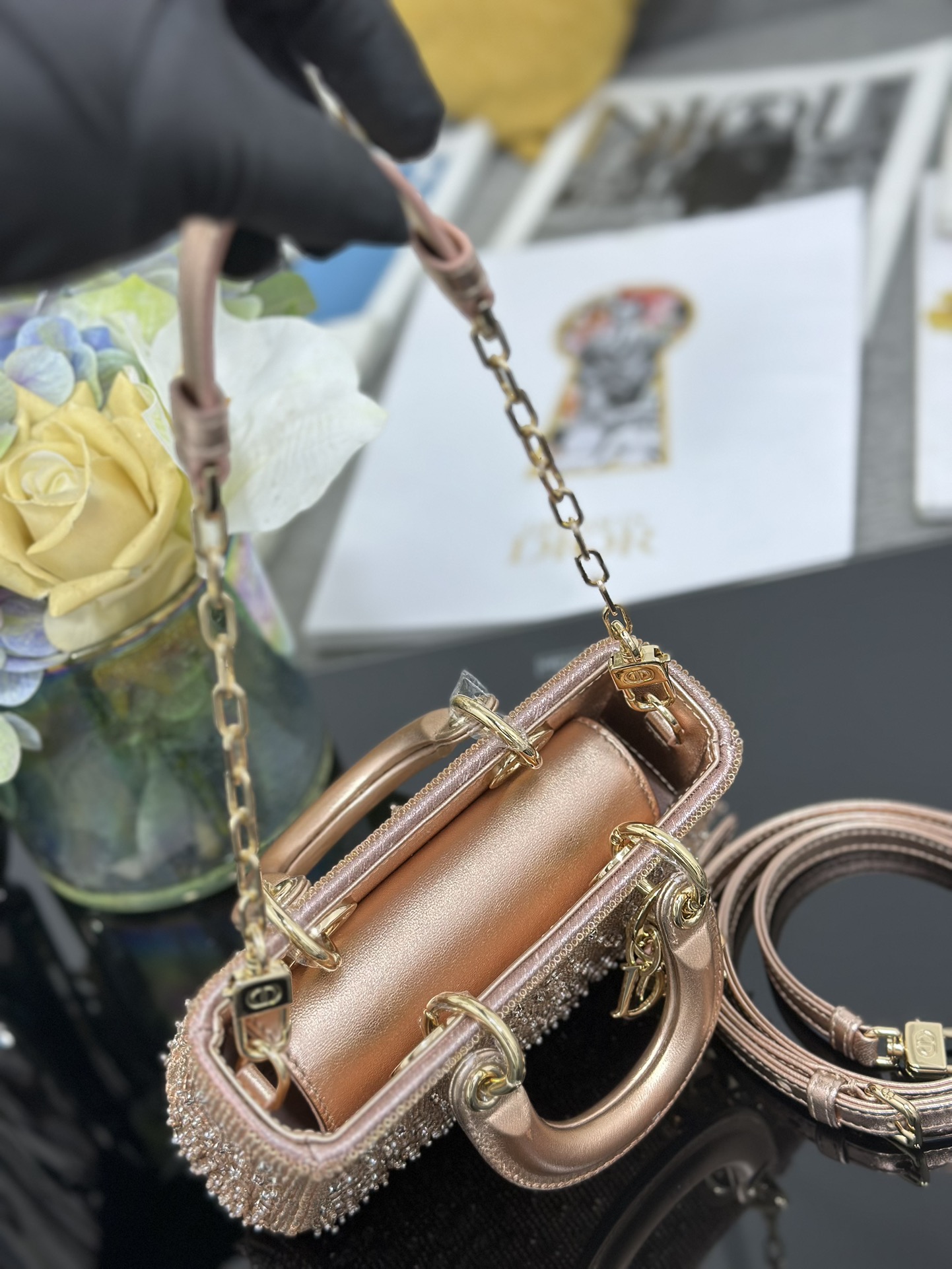 原單Dior Lady Dior粉金水鑽迷你包 高級精品手提包| 9 原單Dior Lady Dior粉金水鑽迷你包 高級精品手提包
