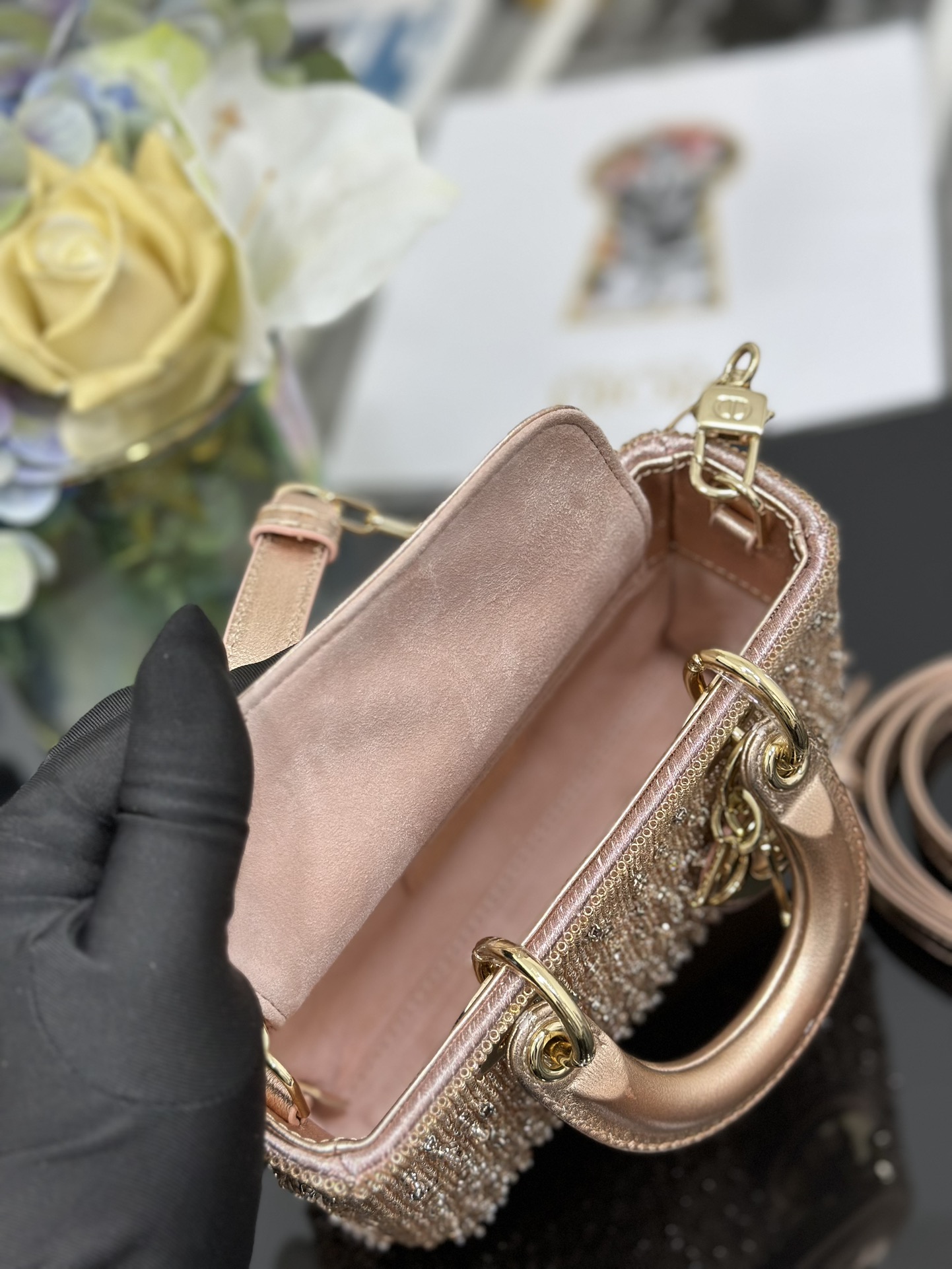 原單Dior Lady Dior粉金水鑽迷你包 高級精品手提包| 8 原單Dior Lady Dior粉金水鑽迷你包 高級精品手提包