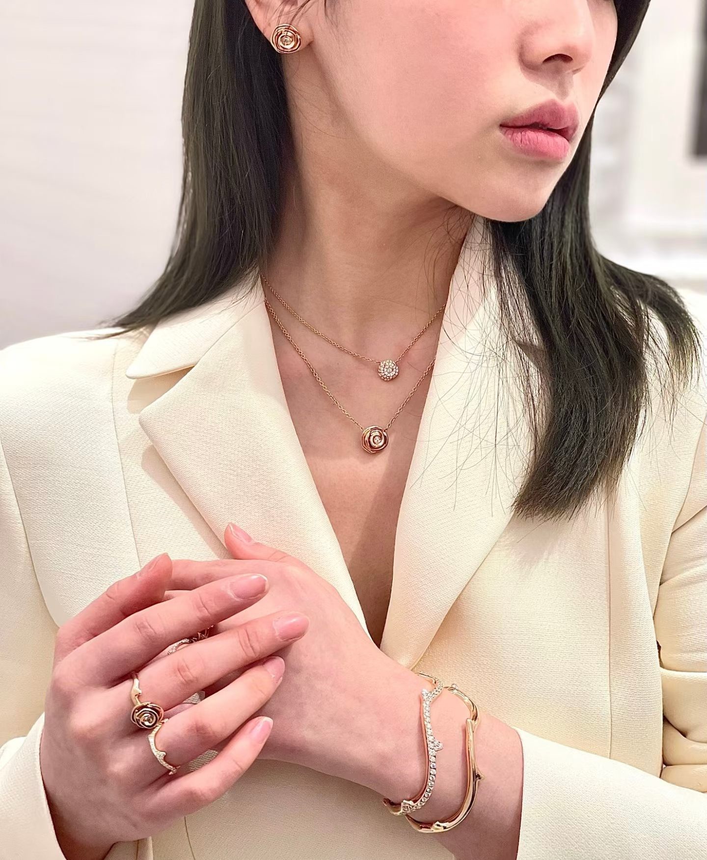 Dior高仿玫瑰花鑽石項鍊戒指套裝輕奢氣質飾品女款| 12 Dior高仿玫瑰花鑽石項鍊戒指套裝輕奢氣質飾品女款