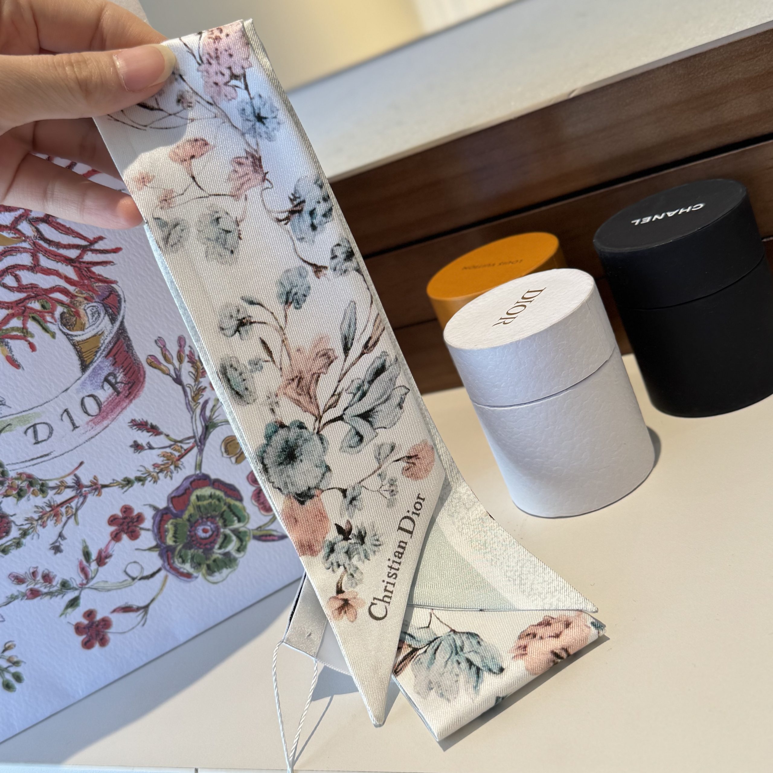 Dior原單粉色花卉雙面絲巾小飄帶氣質髮帶| 12 Dior原單粉色花卉雙面絲巾小飄帶氣質髮帶
