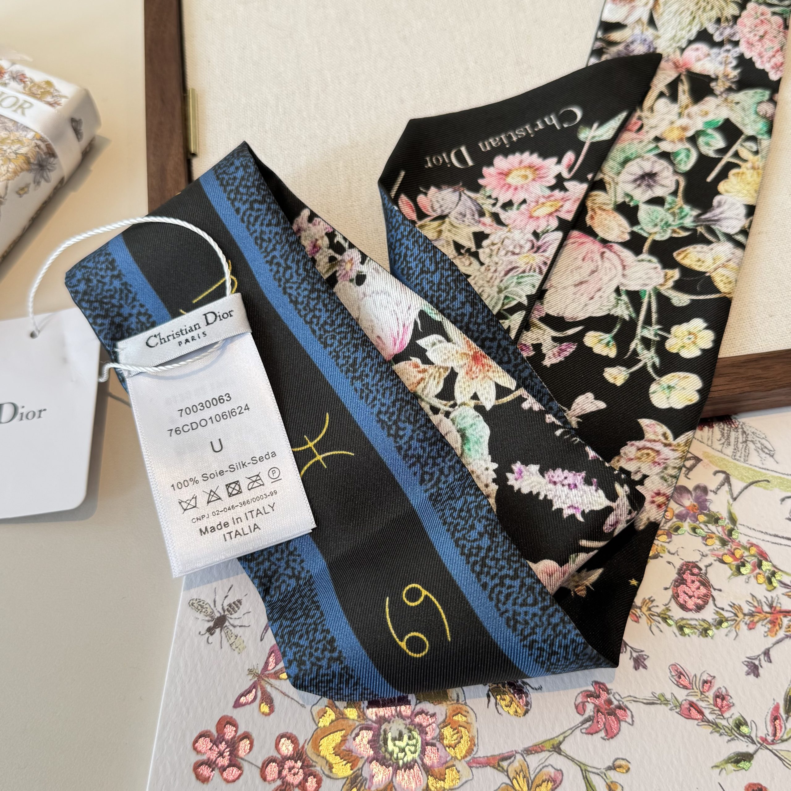 Dior原單黑色花卉星空雙面絲巾高級感飄帶| 14 Dior原單黑色花卉星空雙面絲巾高級感飄帶