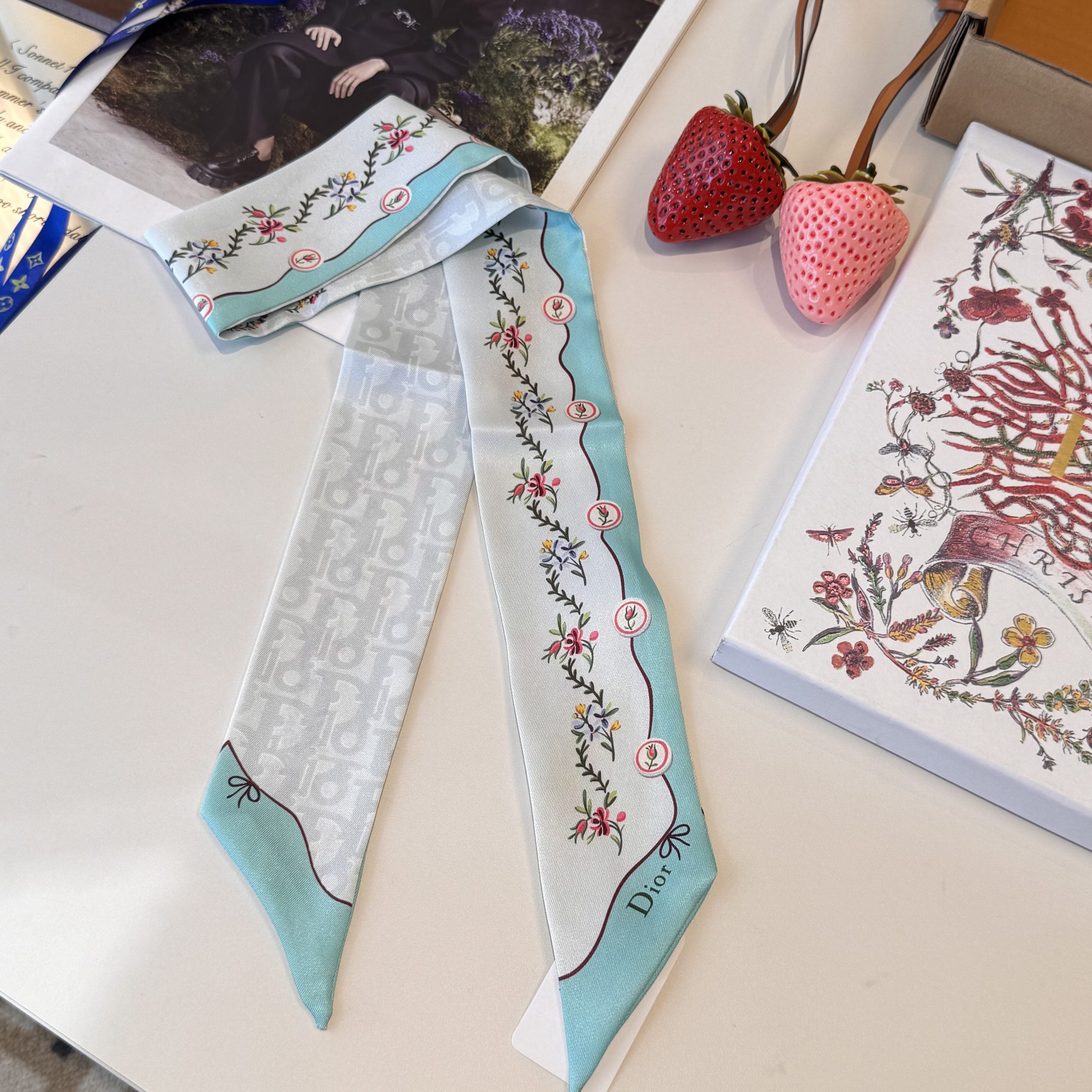Dior原單薄荷綠刺繡花卉絲巾雙面小飄帶| 13 Dior原單薄荷綠刺繡花卉絲巾雙面小飄帶