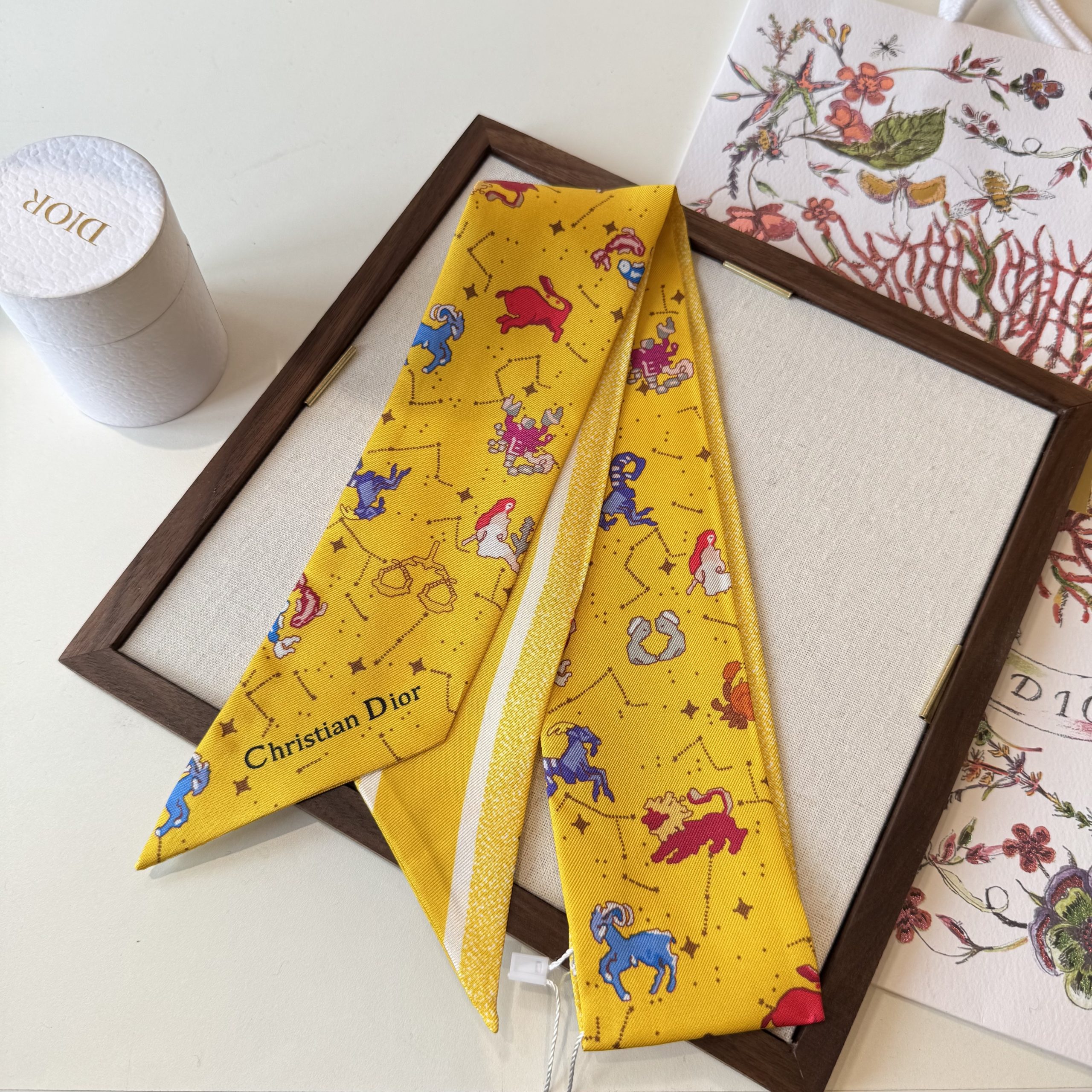 Dior原單星座印花絲巾髮帶 黃色雙面窄版綁包飄帶| 13 Dior原單星座印花絲巾髮帶 黃色雙面窄版綁包飄帶