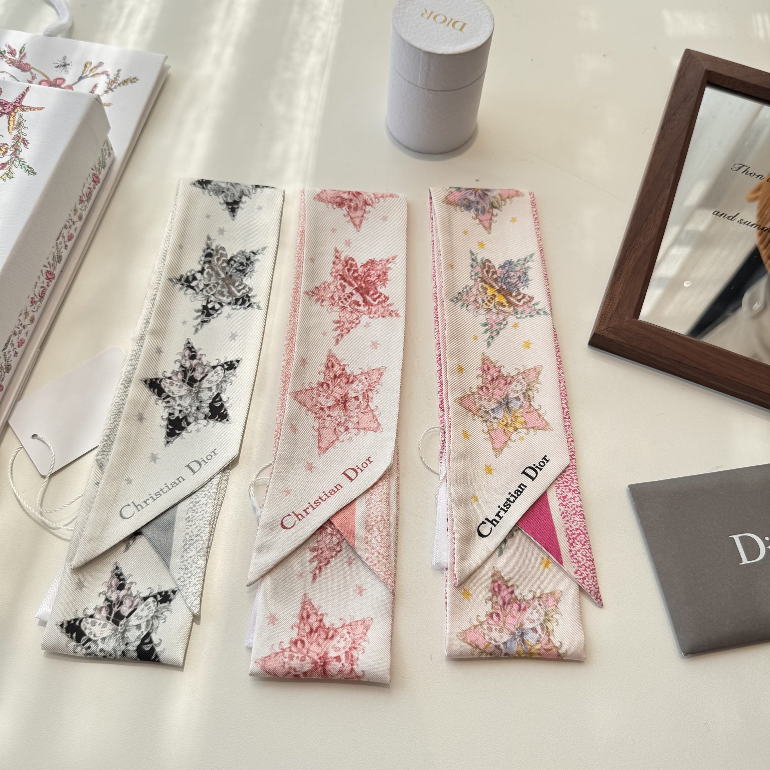 DiorA貨粉色星芒花卉絲巾髮帶 法式雙面精品飄帶女款| 14 DiorA貨粉色星芒花卉絲巾髮帶 法式雙面精品飄帶女款