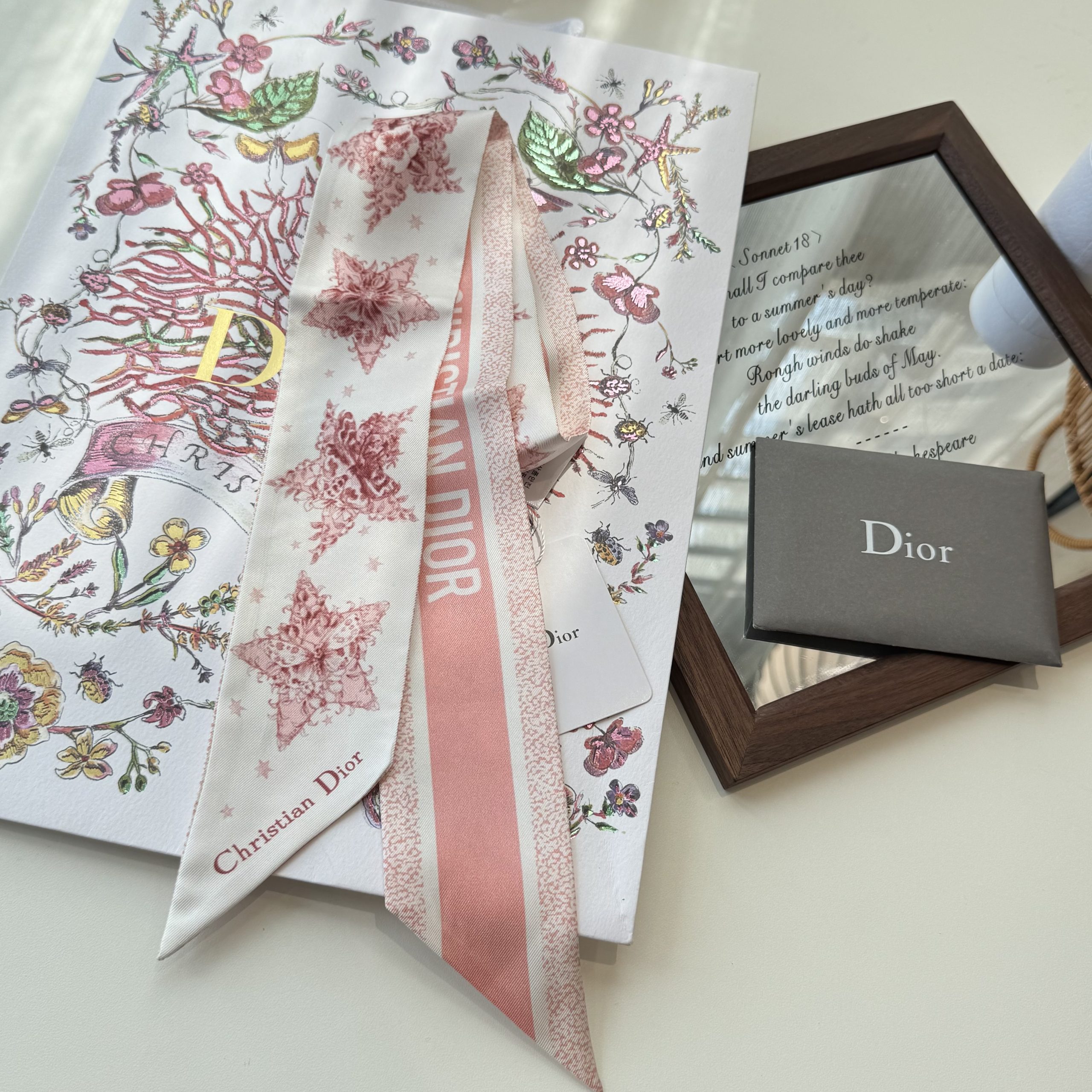 DiorA貨粉色星芒花卉絲巾髮帶 法式雙面精品飄帶女款| 12 DiorA貨粉色星芒花卉絲巾髮帶 法式雙面精品飄帶女款