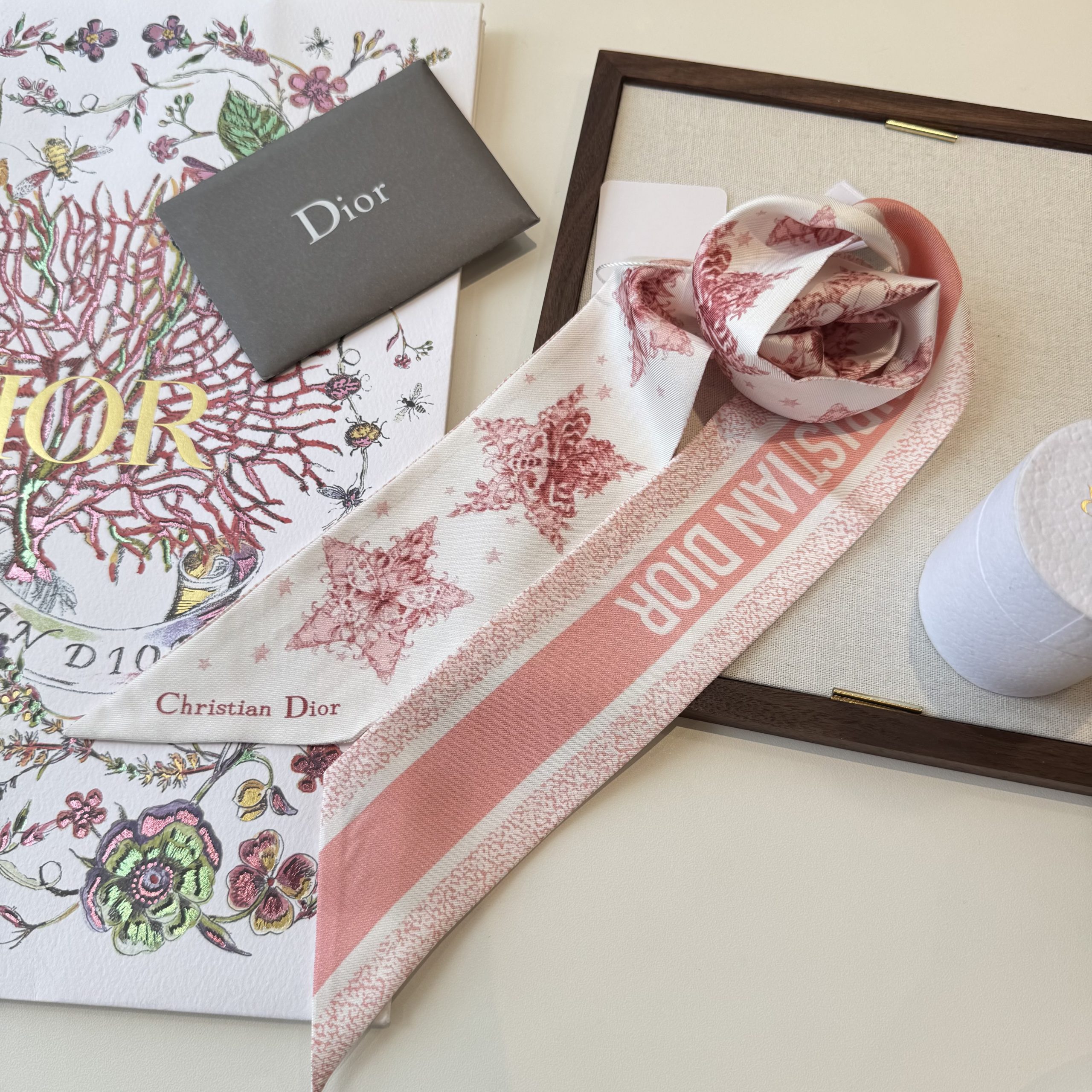 DiorA貨粉色星芒花卉絲巾髮帶 法式雙面精品飄帶女款| 7 DiorA貨粉色星芒花卉絲巾髮帶 法式雙面精品飄帶女款
