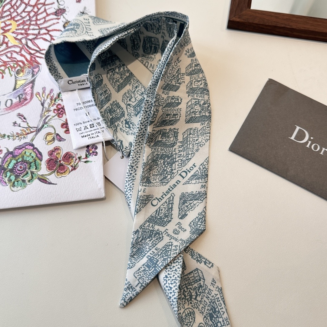 Dior高仿地圖印花絲巾髮帶 藍灰雙面窄版精品飄帶| 12 Dior高仿地圖印花絲巾髮帶 藍灰雙面窄版精品飄帶