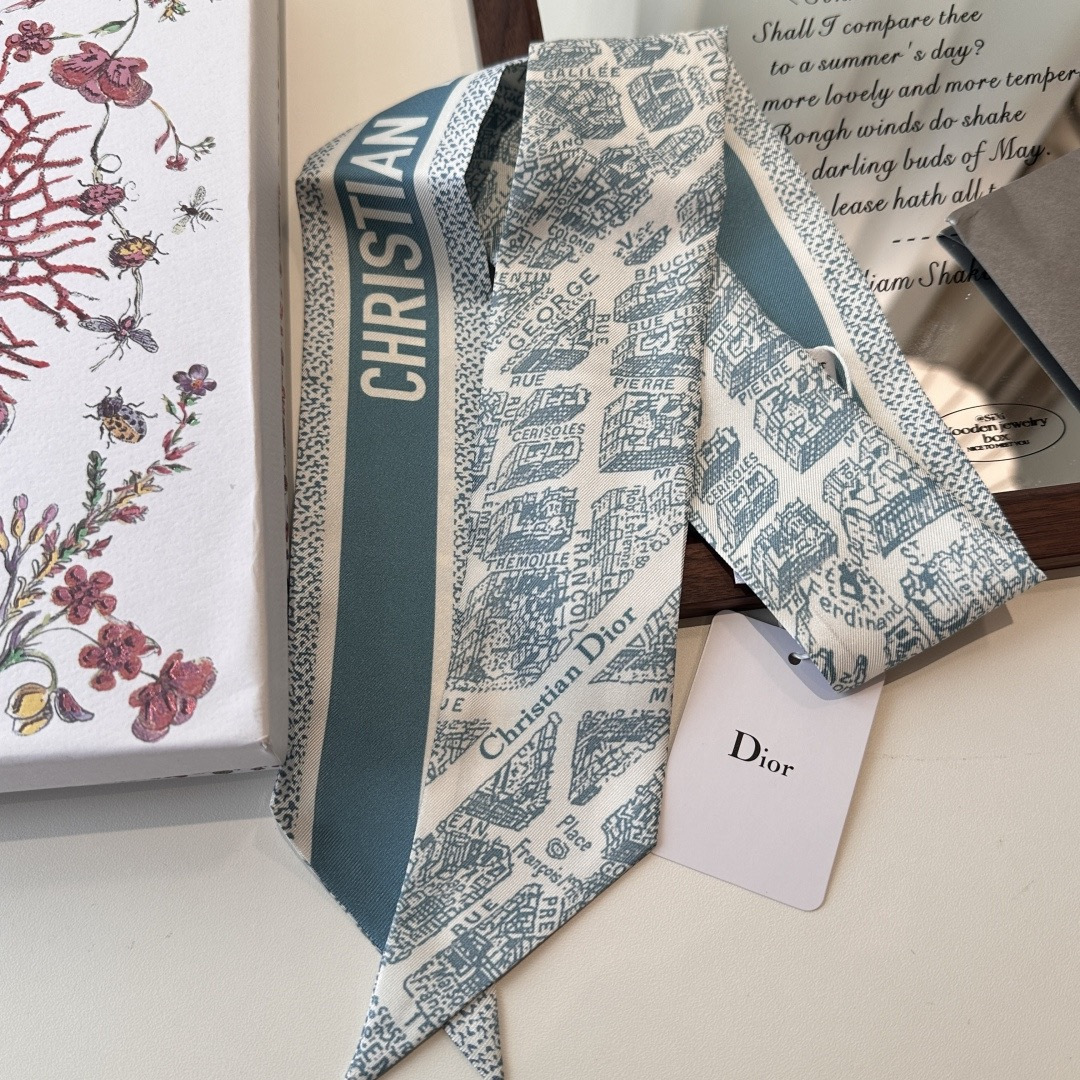 Dior高仿地圖印花絲巾髮帶 藍灰雙面窄版精品飄帶| 8 Dior高仿地圖印花絲巾髮帶 藍灰雙面窄版精品飄帶