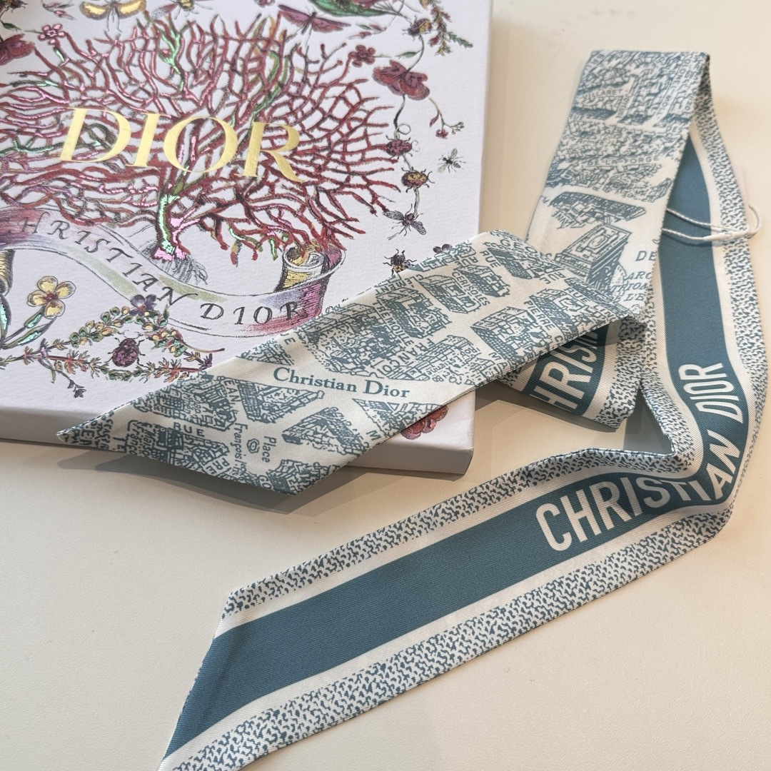 Dior高仿地圖印花絲巾髮帶 藍灰雙面窄版精品飄帶| 9 Dior高仿地圖印花絲巾髮帶 藍灰雙面窄版精品飄帶