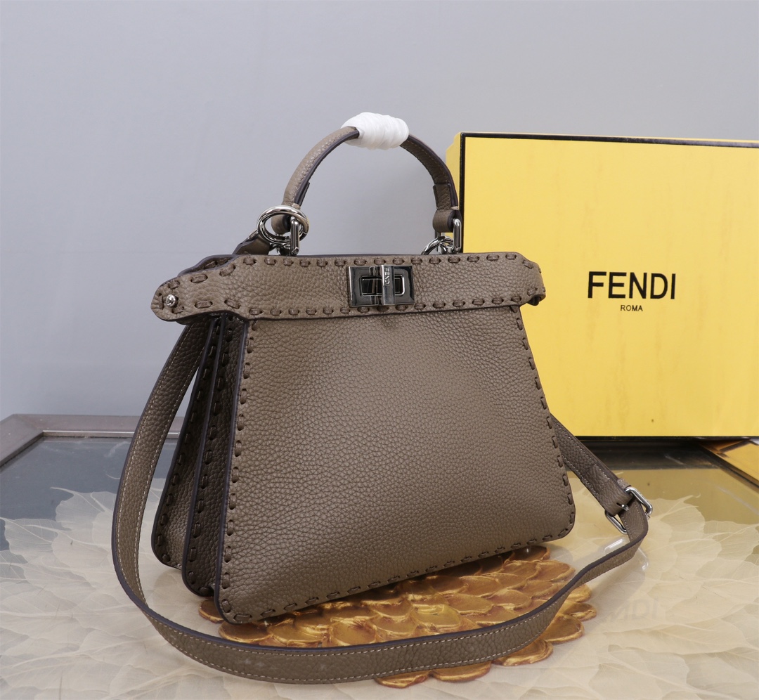 Fendi 一比一 Peekaboo Selleria 手工縫線小牛皮包 深灰色