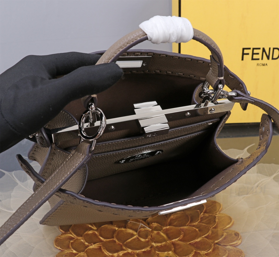 Fendi 一比一 Peekaboo Selleria 手工縫線小牛皮包 深灰色