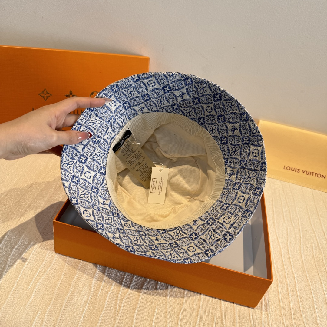 LV高仿藍色滿版老花漁夫帽潮流休閒遮陽帽| 9 LV高仿藍色滿版老花漁夫帽潮流休閒遮陽帽