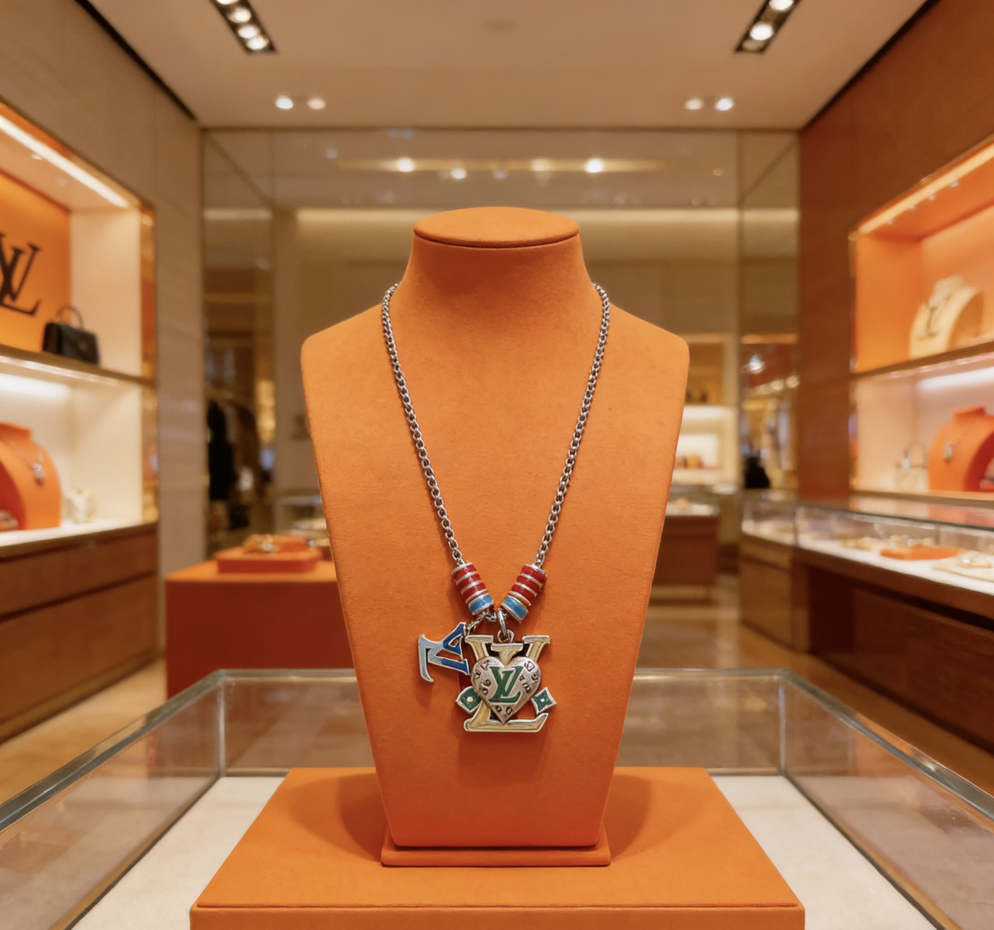 LV A貨心形LOGO吊墜項鍊 紅藍珠設計時尚百搭精品男女款| 13 LV A貨心形LOGO吊墜項鍊 紅藍珠設計時尚百搭精品男女款