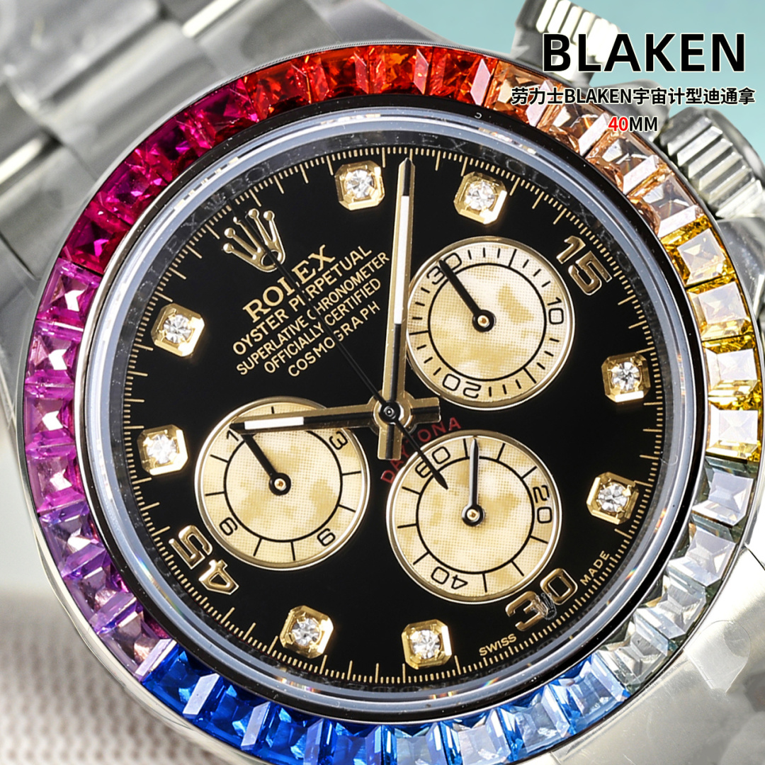 一比一Rolex迪通拿彩虹圈鑽刻黑盤高仿機械腕錶| 10 一比一Rolex迪通拿彩虹圈鑽刻黑盤高仿機械腕錶