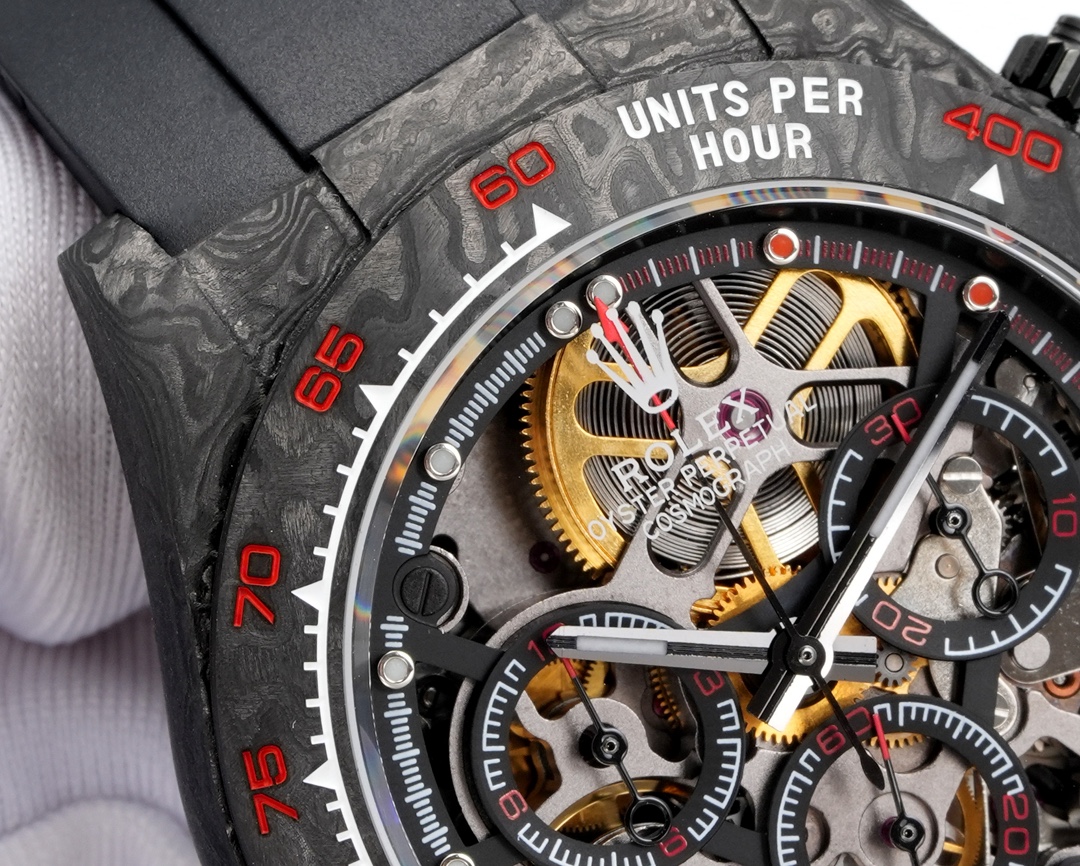 Rolex 高仿 Daytona碳纖維鏤空計時腕錶 黑紅刻度款| 12 Rolex 高仿 Daytona碳纖維鏤空計時腕錶 黑紅刻度款