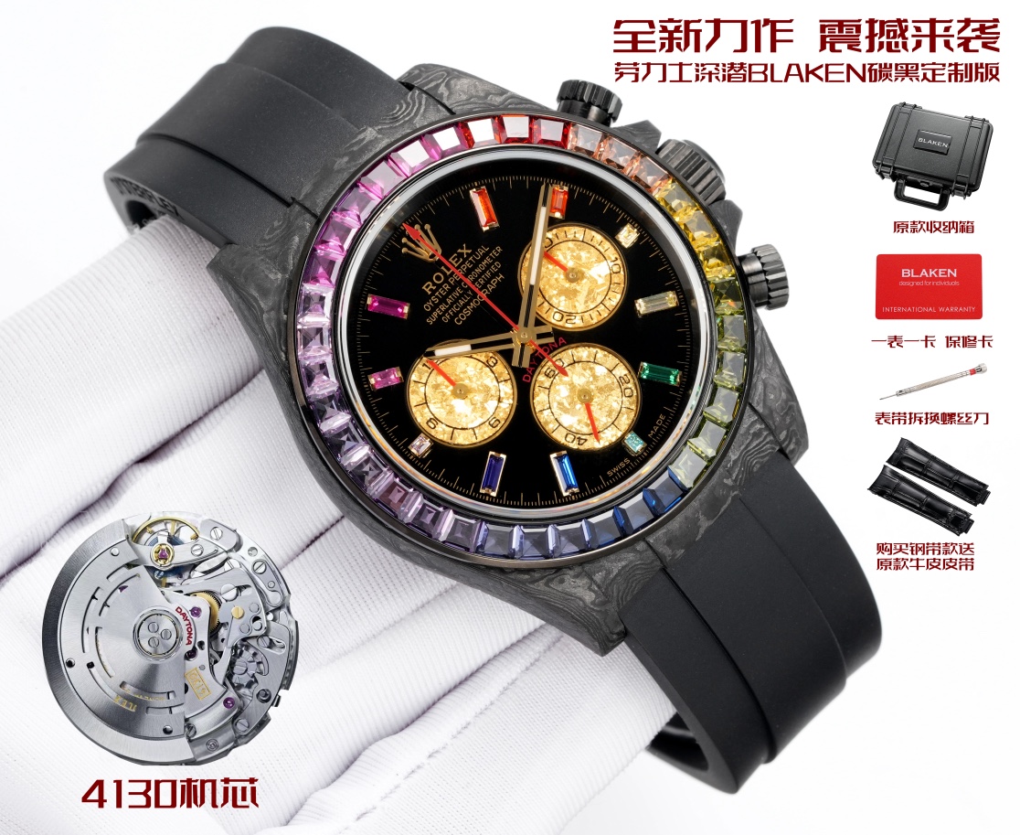 Rolex 一比一 Daytona彩虹圈黑面金盤計時腕錶 碳纖維高端款| 14 Rolex 一比一 Daytona彩虹圈黑面金盤計時腕錶 碳纖維高端款