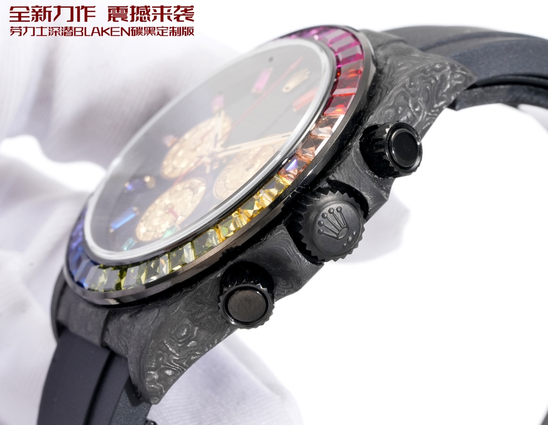 Rolex 一比一 Daytona彩虹圈黑面金盤計時腕錶 碳纖維高端款| 12 Rolex 一比一 Daytona彩虹圈黑面金盤計時腕錶 碳纖維高端款