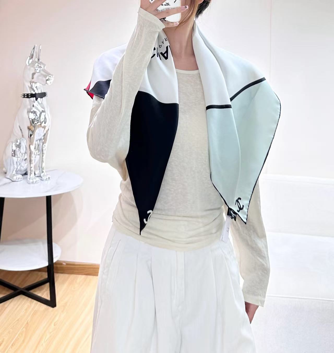 Chanel三色拼接絲巾女 原單高級質感圍巾 A貨百搭時尚配件
