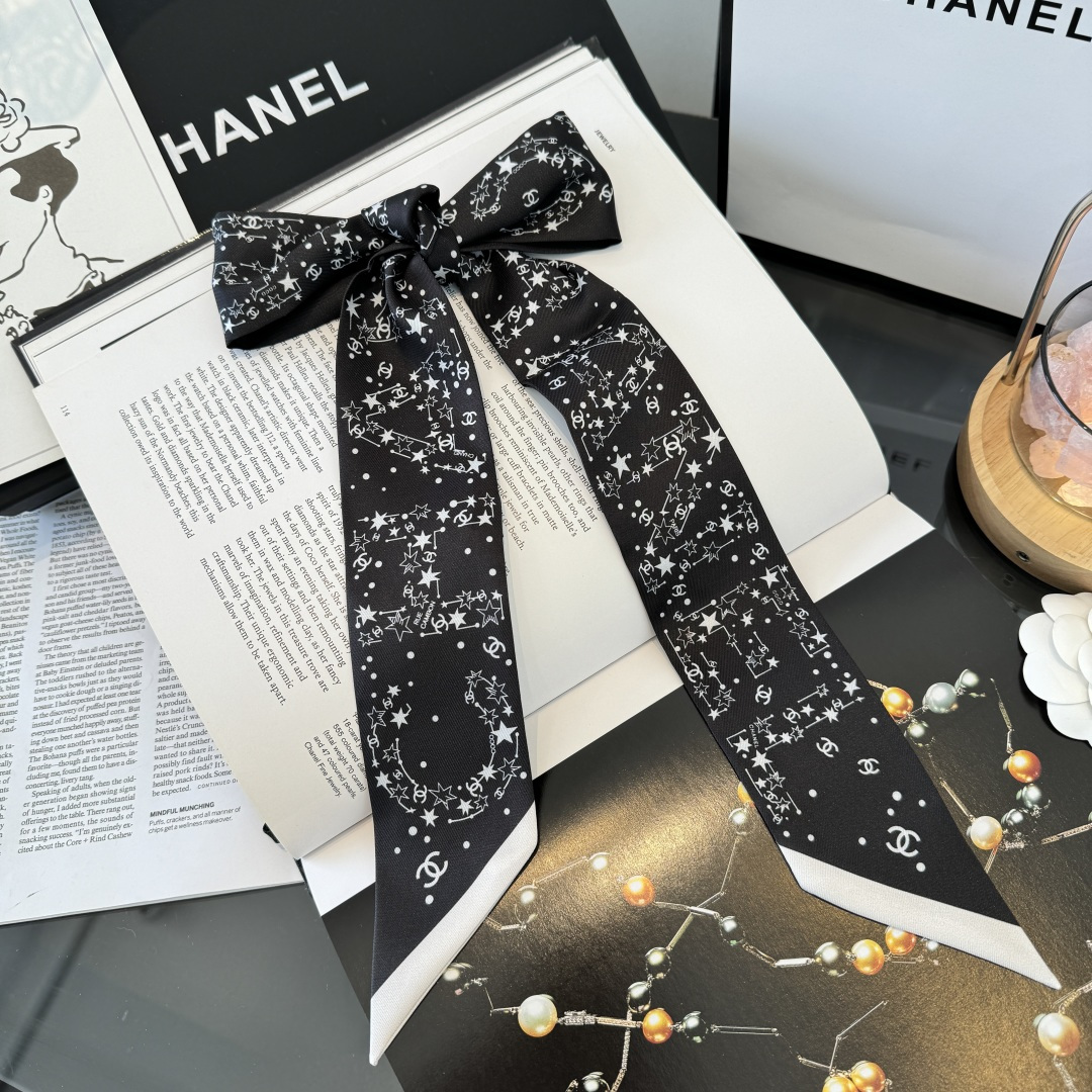 Chanel黑色星空絲巾女 原單細長飄帶 A貨高級感百搭髮帶