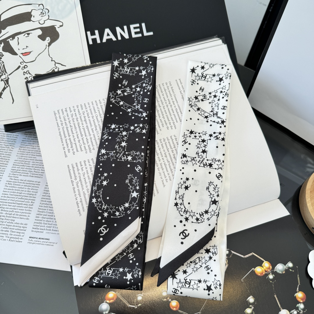 Chanel黑色星空絲巾女 原單細長飄帶 A貨高級感百搭髮帶| 15 Chanel黑色星空絲巾女 原單細長飄帶 A貨高級感百搭髮帶