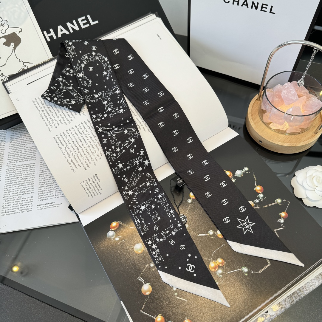 Chanel黑色星空絲巾女 原單細長飄帶 A貨高級感百搭髮帶| 14 Chanel黑色星空絲巾女 原單細長飄帶 A貨高級感百搭髮帶
