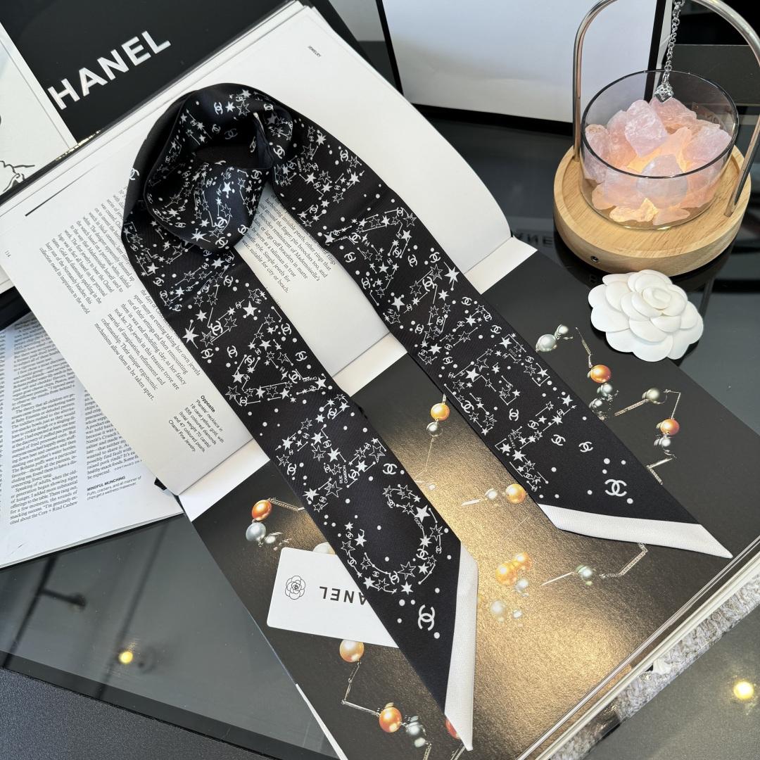 Chanel黑色星空絲巾女 原單細長飄帶 A貨高級感百搭髮帶| 13 Chanel黑色星空絲巾女 原單細長飄帶 A貨高級感百搭髮帶