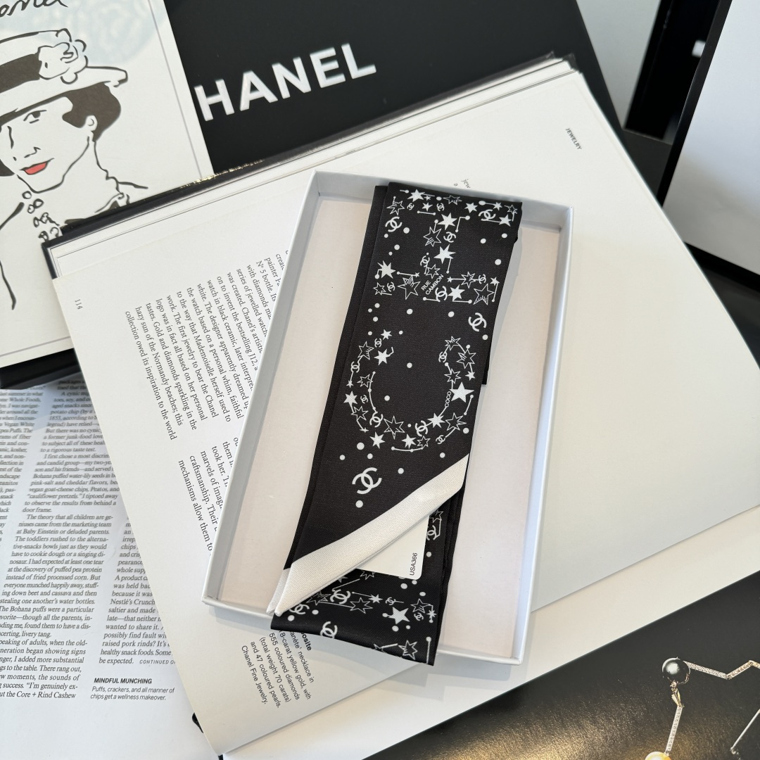 Chanel黑色星空絲巾女 原單細長飄帶 A貨高級感百搭髮帶| 11 Chanel黑色星空絲巾女 原單細長飄帶 A貨高級感百搭髮帶