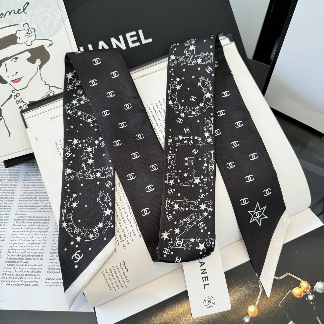 Chanel黑色星空絲巾女 原單細長飄帶 A貨高級感百搭髮帶| 10 Chanel黑色星空絲巾女 原單細長飄帶 A貨高級感百搭髮帶